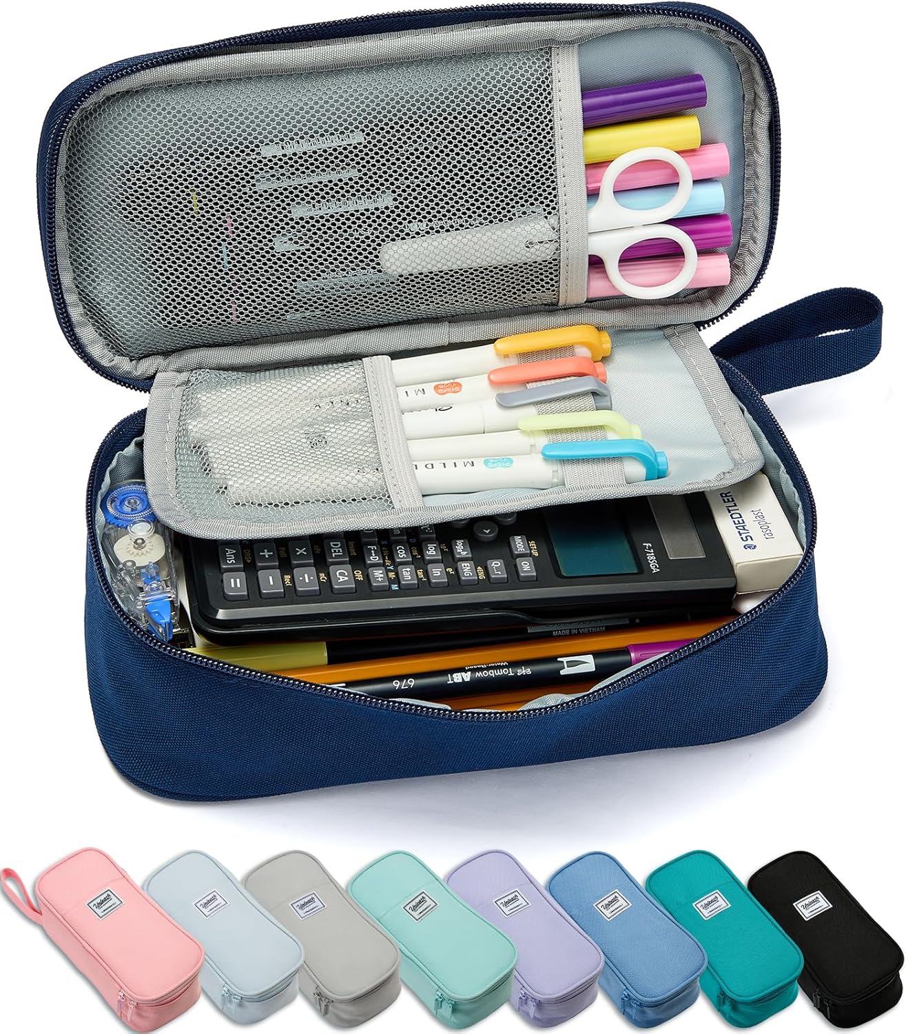 Pencil Case Pouch Box Bag School Supplies Girls Boys Kids, Cute Preppy Stuff Large Big Capacity Aesthetic Pen Organizer, Back to College Stationary, Navy Blue, Classic Stlye, 1800ml