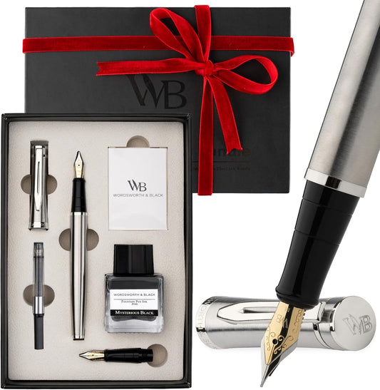 Wordsworth & Black Fountain Pen Set,18K Gilded Medium and Extra Fine Nib,25ML Black Ink Bottle,6 Ink Cartridges,Refill Converter,Gift Box,Smooth Writing Pen [Silver Chrome],Gift Set for Men and Women