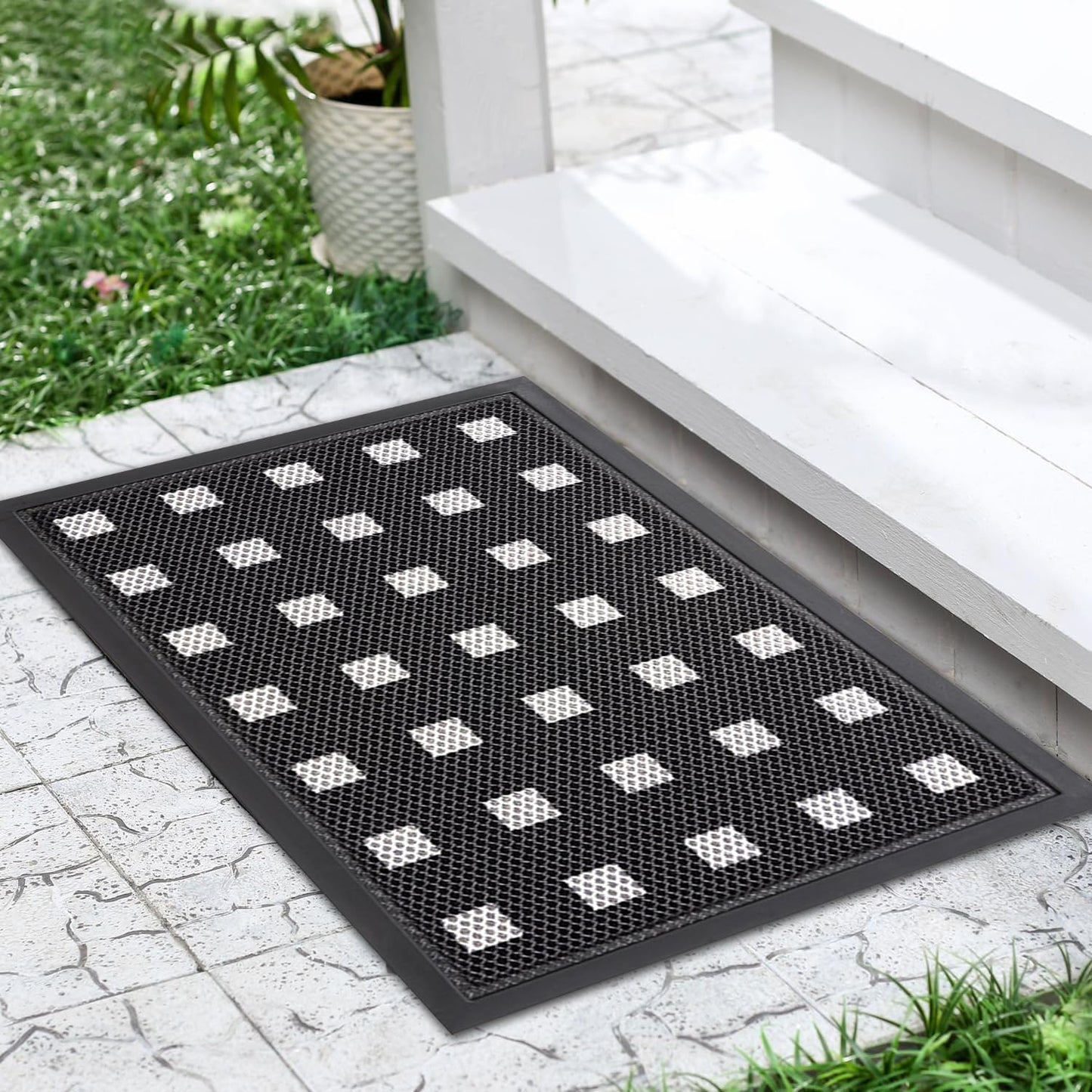 Front Door Mat Indoor Entrance 29.5"x17" for Apartments/Small Spaces, Heavy Duty Rubber Entryway Mats Backing Inside/Outside Dirt Trapping, All Weather Outdoor Rug Black and White