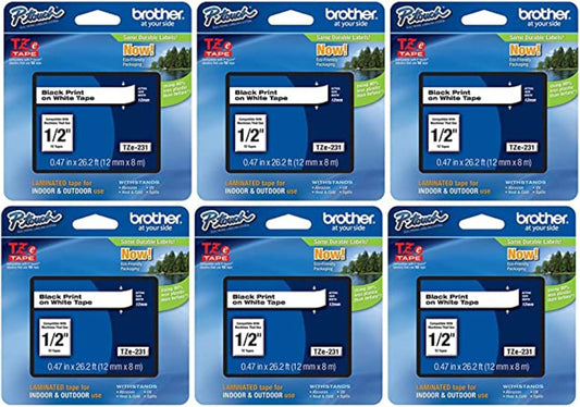 Brother Genuine P-Touch, TZe-231 6 Pack Tape ½” (0.47”) x 26.2 ft. (8m) 6-Pack Laminated P-Touch Tape, Black on White, Perfect for Indoor or Outdoor Use, Water Resistant, TZE2316PKB (TZE231)