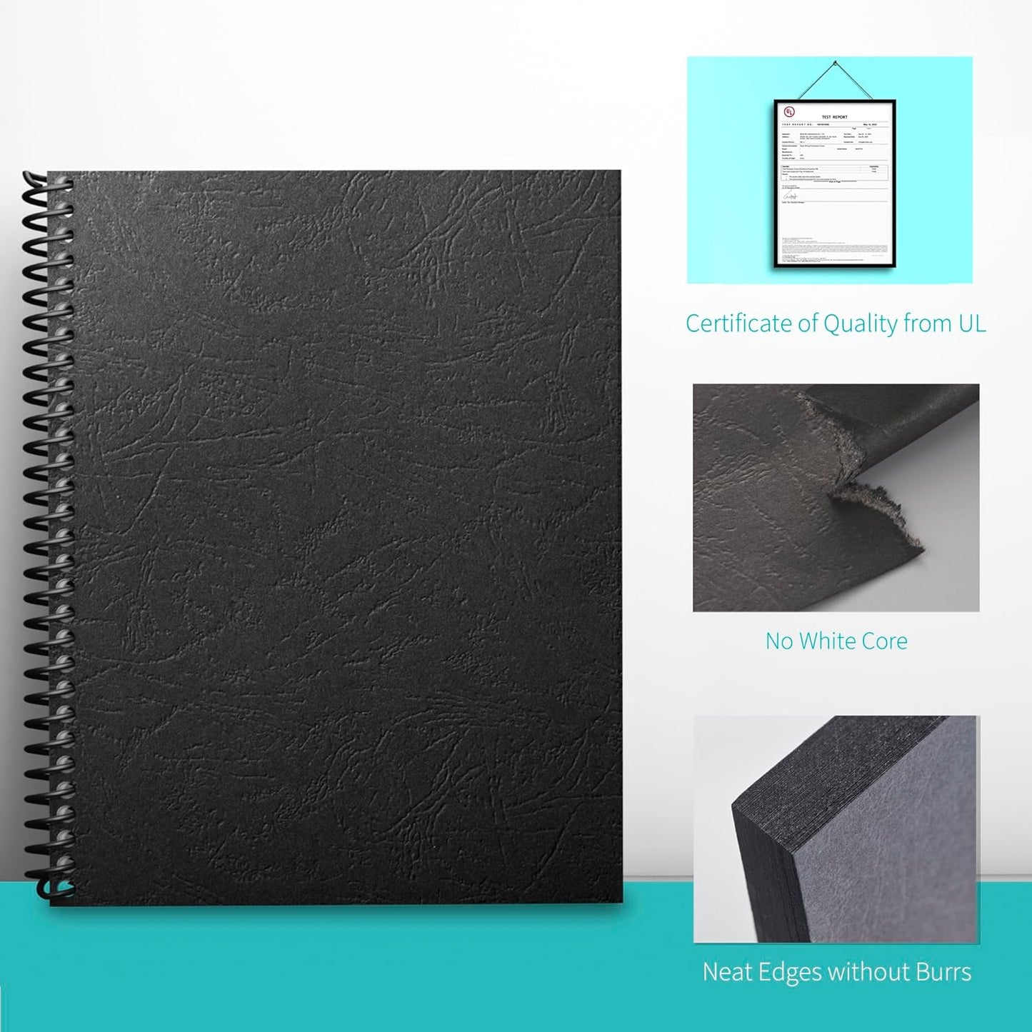 Binditek 100 Pack 13 Mil Grain-Texture Paper Binding Presentation Covers, 8-1/2 x 11 Inches, 90lb, 250 GSM, Un-Punched, Letter Size, Black, for Business Documents