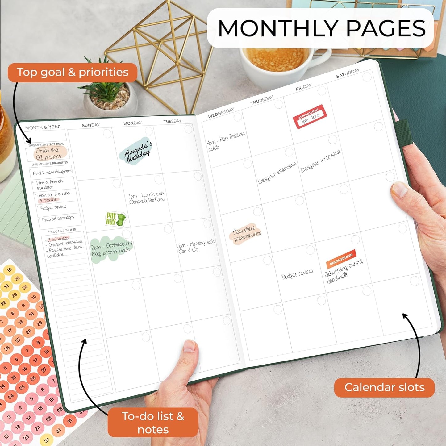 Clever Fox Appointment Book – Hourly Schedule Planner with 15-Minute Increments – Time Box Planner for Daily Work & To-Dos – Weekly & Monthly Spreads, Undated, Hardcover, 8.3x11″ (Dark Green)