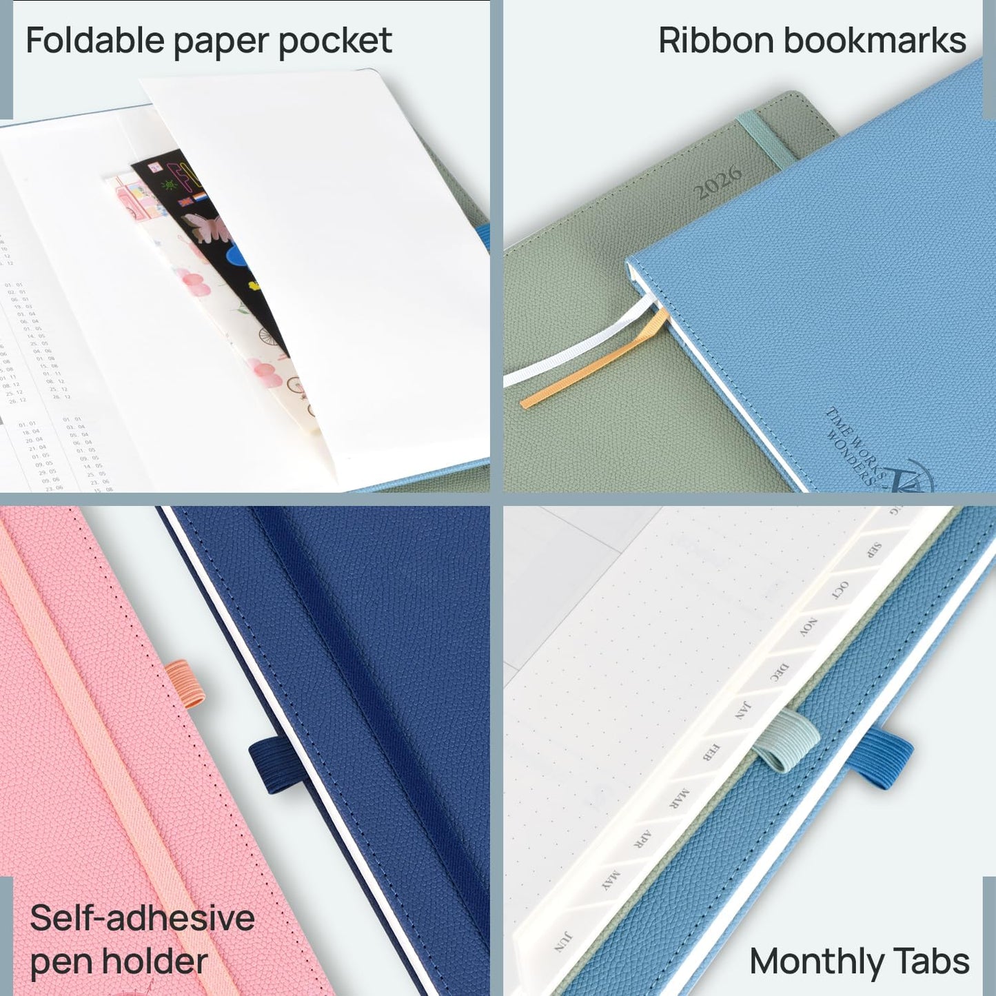 POPRUN 2026 Weekly Planner (Medium 6.75" x 8.75") 12 Months Calendar Notebook with Horizontal Layout, Leather Hardcover, Inner Pocket, 100GSM Thick Paper, Pen Holder - Army Green