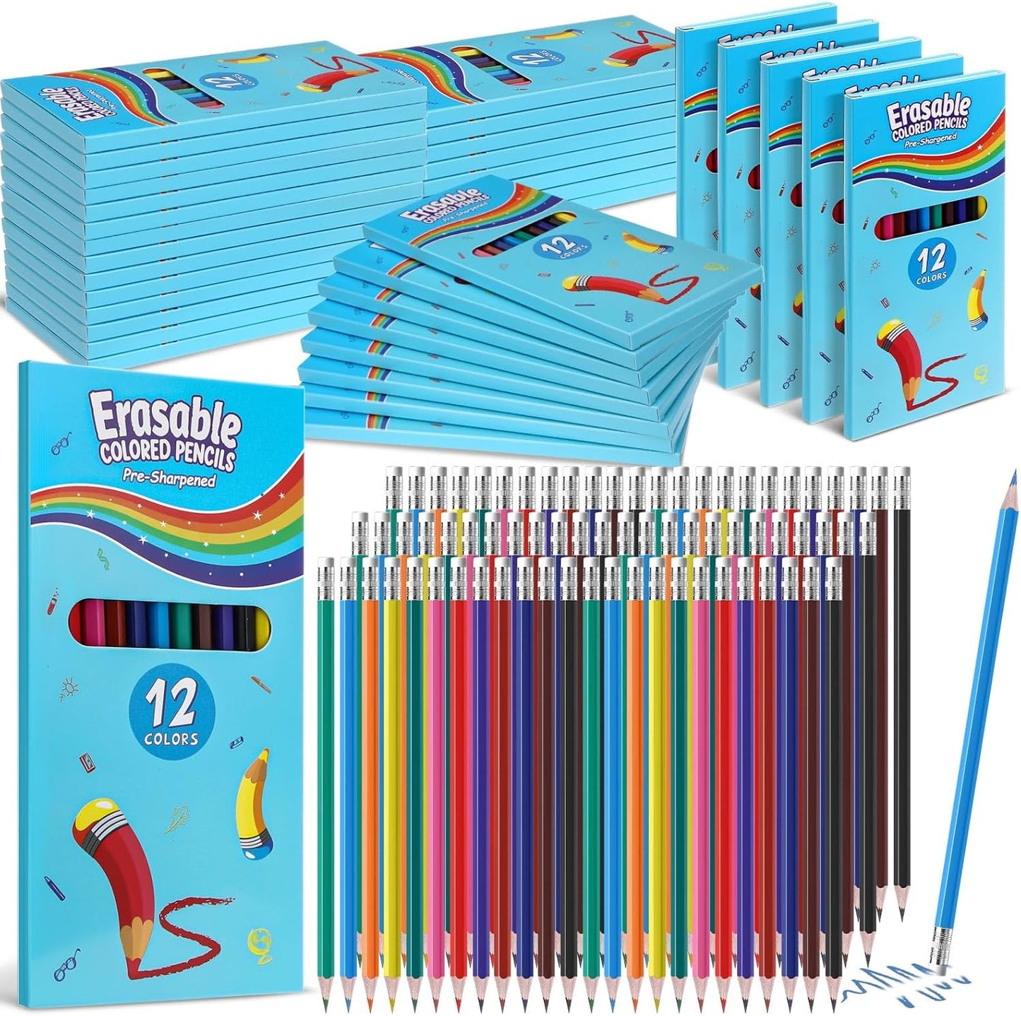 32 Sets 384 Pack Erasable Colored Pencils 12 Colors Pencils Smooth Colors with Erasers for Drawing Sketching Coloring Books Kids Adults Beginners Artists School Coloring Supplies