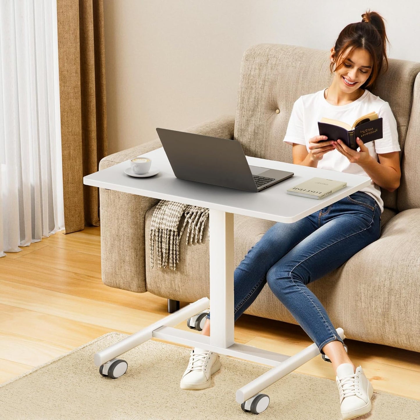 Mobile Laptop Standing Desk Adjustable Height, Small Mobile Desk Workstation with Wheels, Portable Rolling Computer Desk Cart for Home Office Classroom (White)