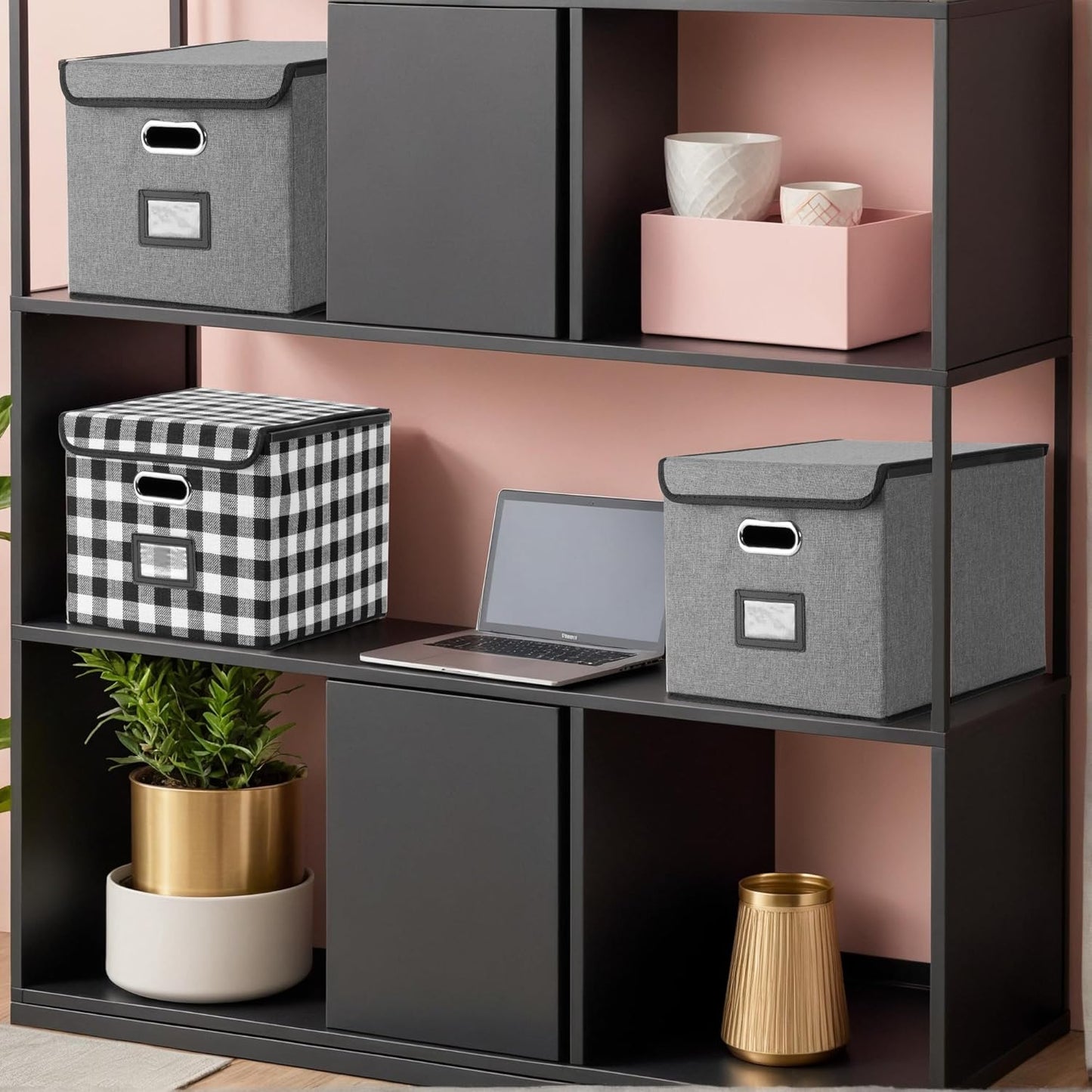 File Organizer Box, Linen Filing Organizer with Lid, Large Desktop File Boxes,Dark Grey