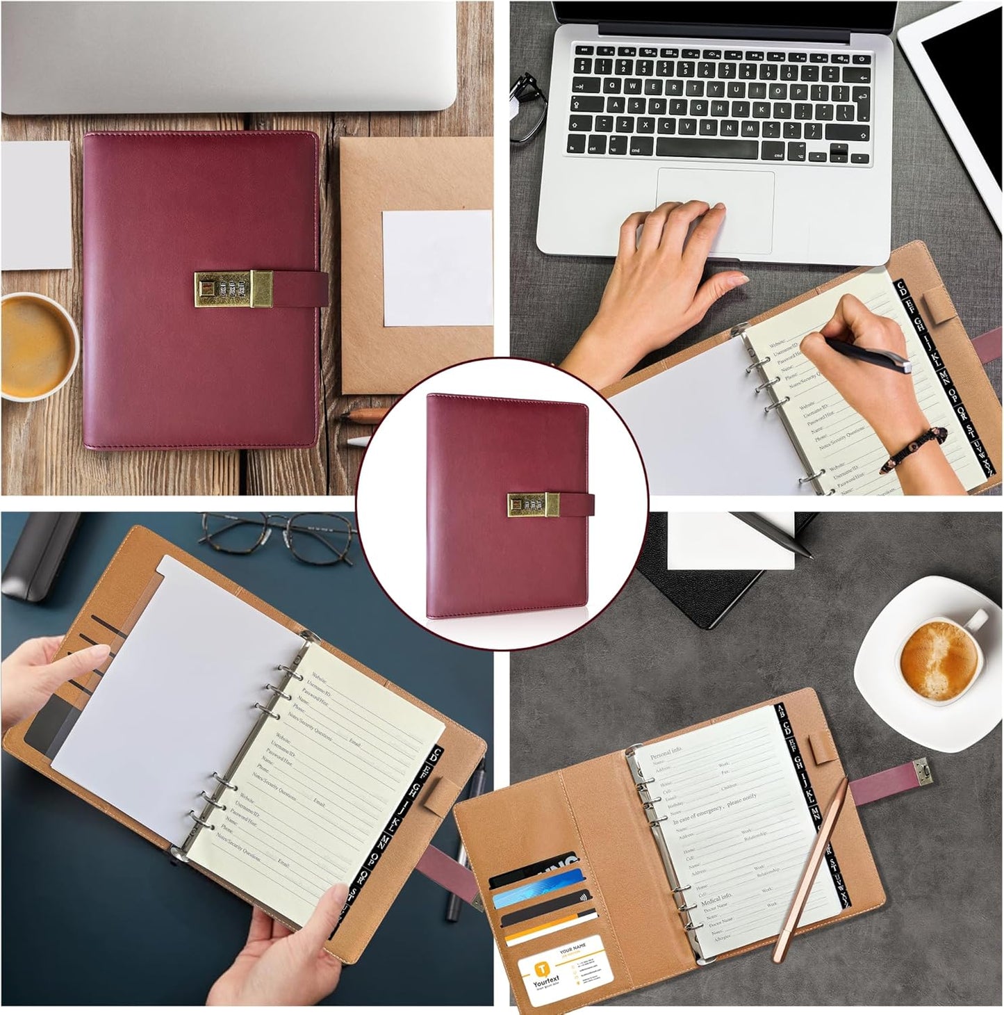 A5 Password Book with Combination Lock & Alphabetical Tabs, 302 Pages Leatherette Hardcover Internet Address & Password Organizer Logbook, Large Print, Refillable, 576 Entries, for Seniors