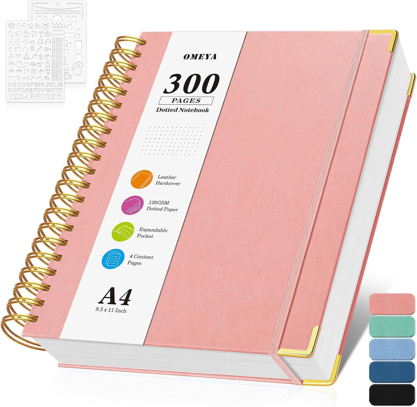 Bullet Dotted Journal Spiral Notebook, 300 Pages Leather Notebooks with Contens, 120 GSM Thick No Bleed Through Paper Journals, A4 Large Dot Grid Notebook for Women Men Work Writing, 8.5" x 11", Pink