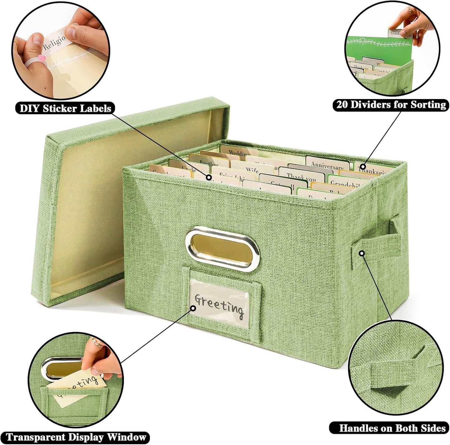 Vienrose Greeting Card Organizer 1 Pack, Storage Box with 20 Adjustable Dividers, Foldable Organizer Box Holds over 150 Cards, Storage Stickers Recipes Photos Envelopes Bills Vinyl Records, GrassGreen
