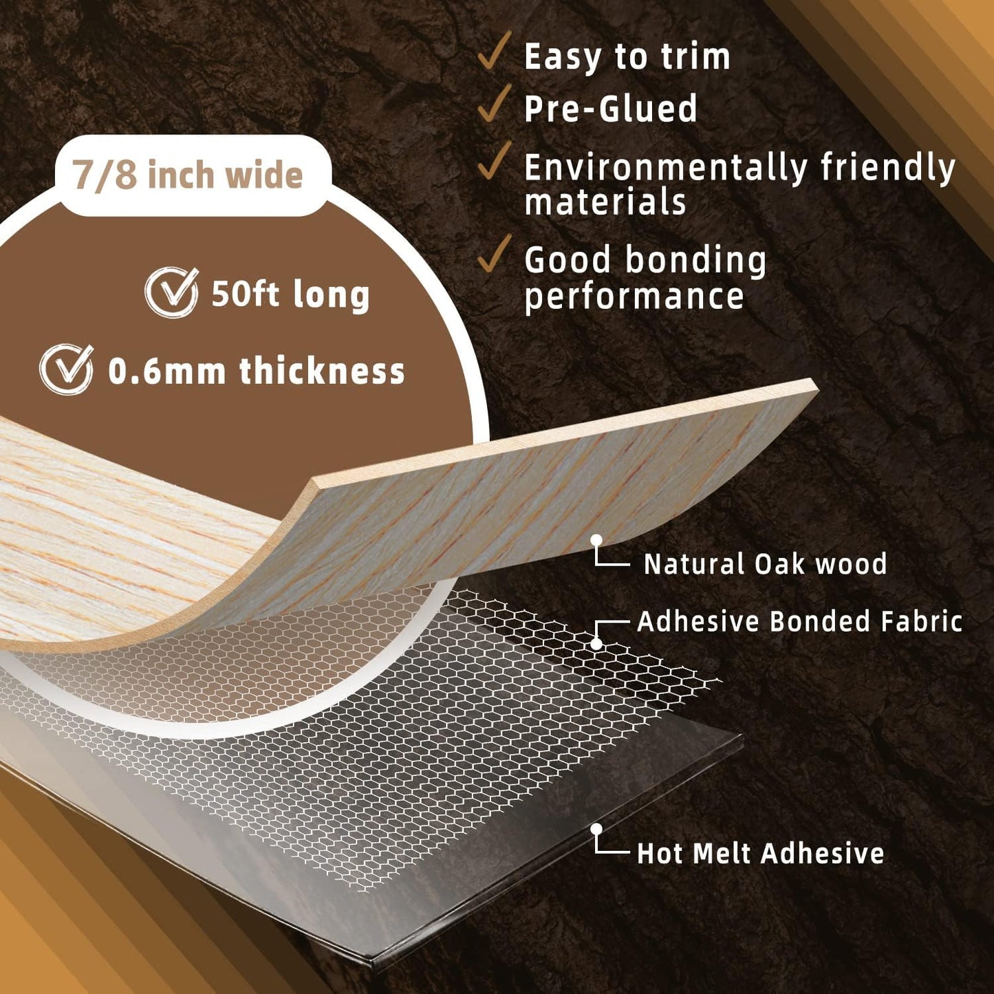 GSCIT Club Oak Edge Banding, 7/8 inch x 50ft roll of Veneer Edge Banding Preglued Flexible, Real Wood Tape Banding