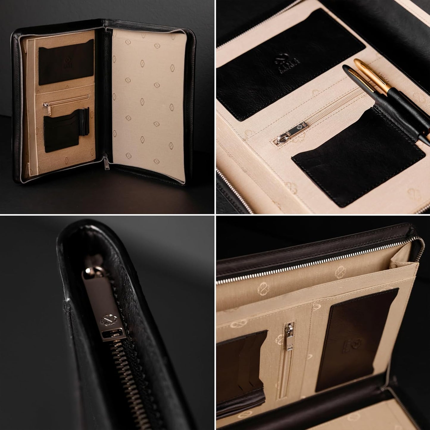 Time Resistance Leather Portfolio - A4 Document Folder - Italian Handcrafted Padfolio Organizer (Black) - Gift Box Included