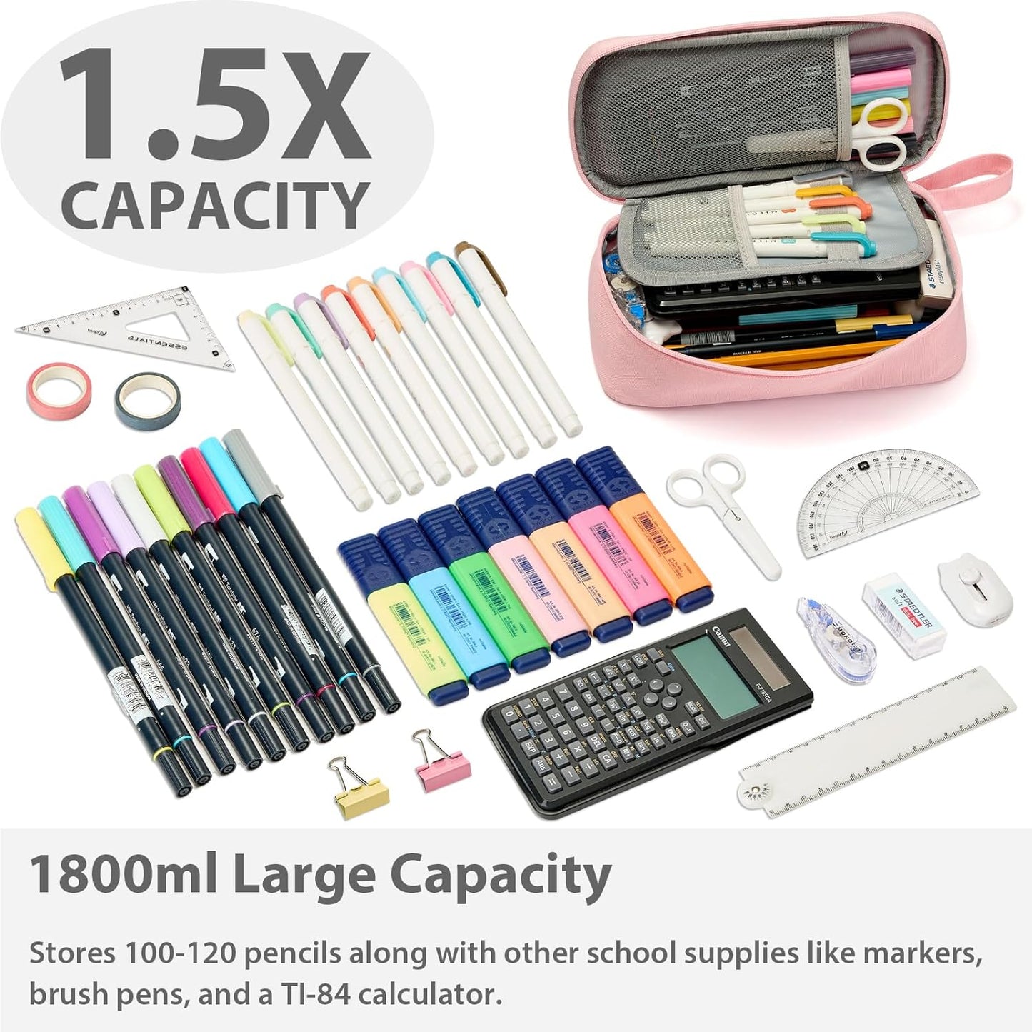 Pencil Case Pouch Box Bag School Supplies Girls Boys Kids, Cute Preppy Stuff Large Big Capacity Aesthetic Pen Organizer, Back to College Stationary, Pink, Classic Stlye, 1800ml