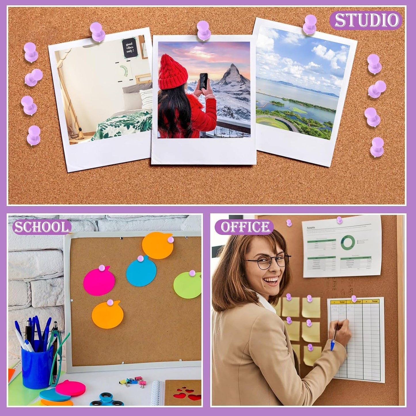 220 Count Purple Push Pins Standard Plastic Head Steel Point Thumb Tacks Decorative Push Pins for Cork Board Wall Hanging Bulletin Board