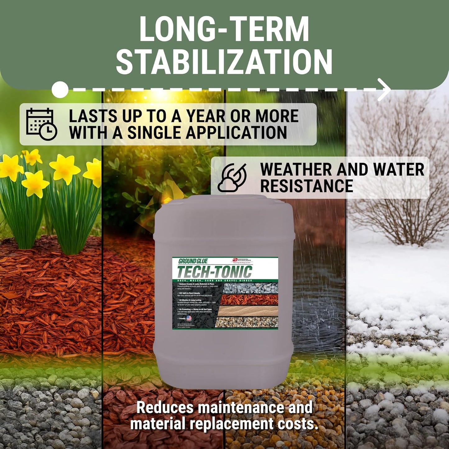 Ground Glue Tech-Tonic Landscape Adhesive for Rock, Mulch, and Sand, Weatherproof Long-Lasting Stabilizer for Trails & Slopes, Pet-Safe Binder for Pea Gravel, Bark & Flower Beds, 5 Gallon Tote