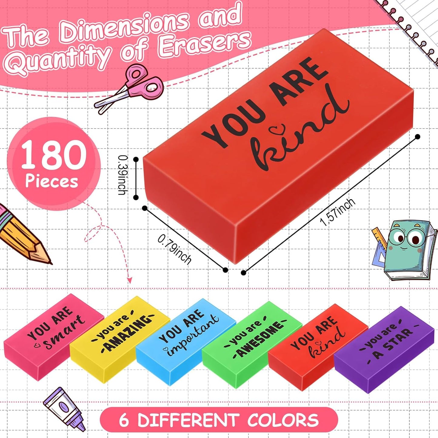 180 Pcs Inspirational Erasers for Kids Christian Pencil Erasers Bulk, Back-to-School Gifts Motivational and Cute Supplies for Students Classrooms, Drawing (Multicolor,Motivational)