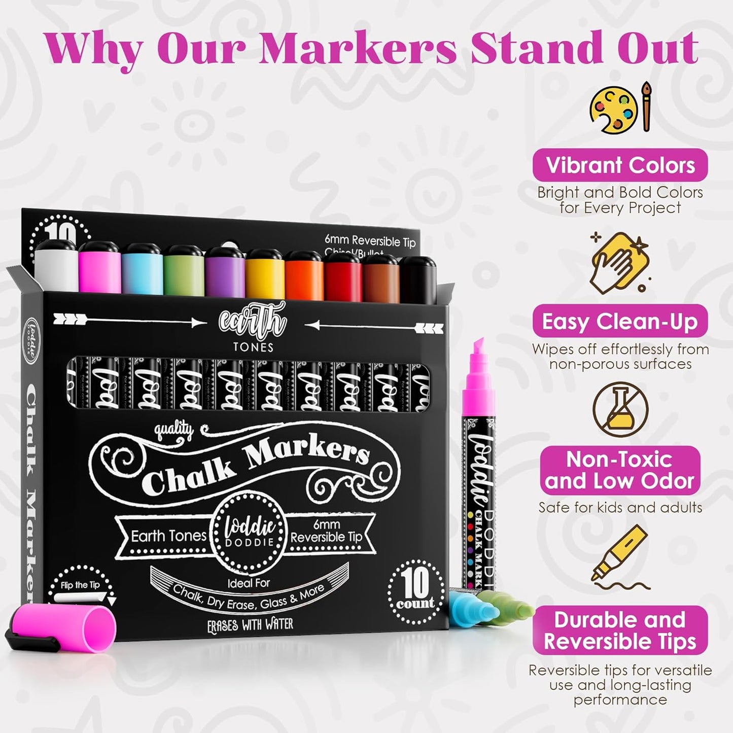 Loddie Doddie Liquid Chalk Markers - 10-Count 6mm Chisel & Bullet Tip - Earth Tone Erasable Chalkboard Pens - Dry Erase Markers for Blackboard