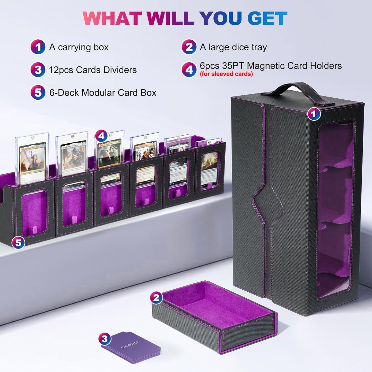 Commander Deck Box for MTG, 6-Deck Modular Card Case with Dice Tray Holds 600+ Double-sleeved Cards, Removable Trading Cards Storage Box with 35PT Magnetic Card Holders for TCG, Black Purple