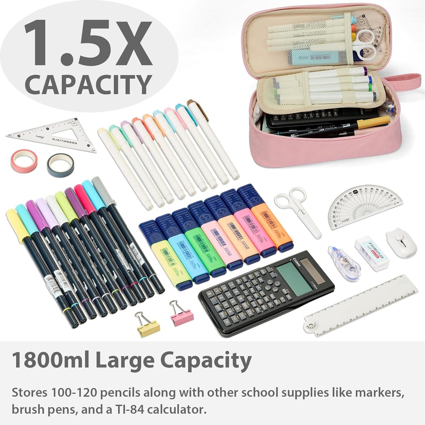 Pencil Case Pouch Box Bag School Supplies Girls Boys Kids, Cute Preppy Stuff Large Big Capacity Aesthetic Pen Organizer, Back to College Stationary, Light Pink, Standard Stlye, 1800ml