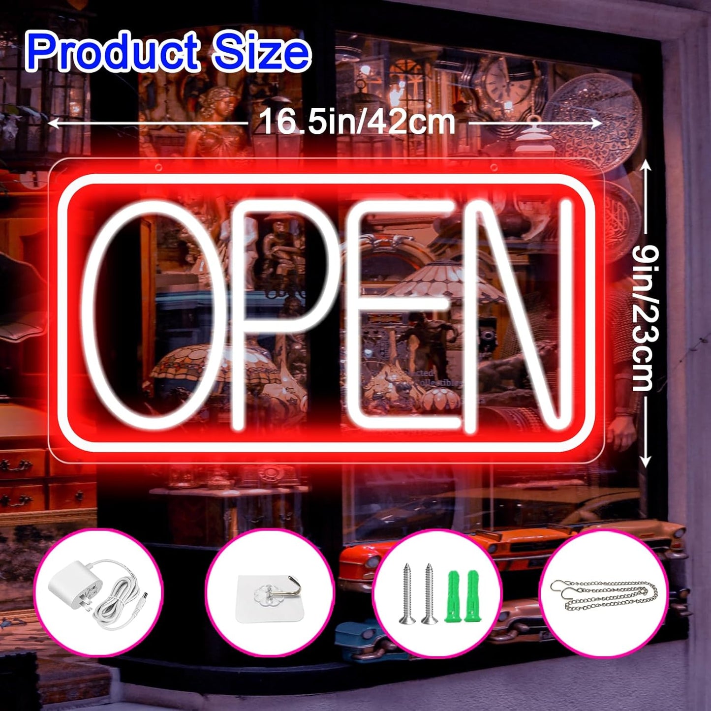16.5" X 9" Led Neon Open Signs for Business Ultra Bright Plug In Electric Light Up Open Signs with ON/OFF Switch and 12V/2A AC Adapter for Storefront Window Bar Salon Coffee Stores (Red/White)