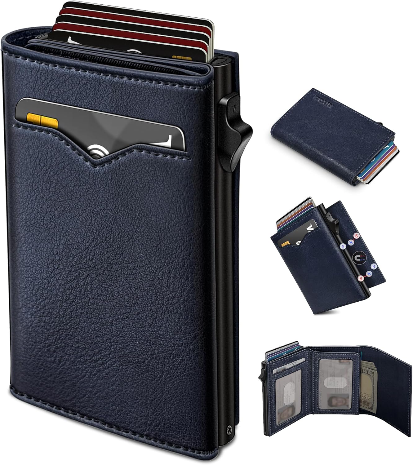 Wallet for Men,with Cash Pocket 2 ID Window 9-13 Cards,Metal Case Smart Slim Pop Up Credit Card Holder Flip with Magnetic Closure RFID Blocking Trifold wallet with Gift Box