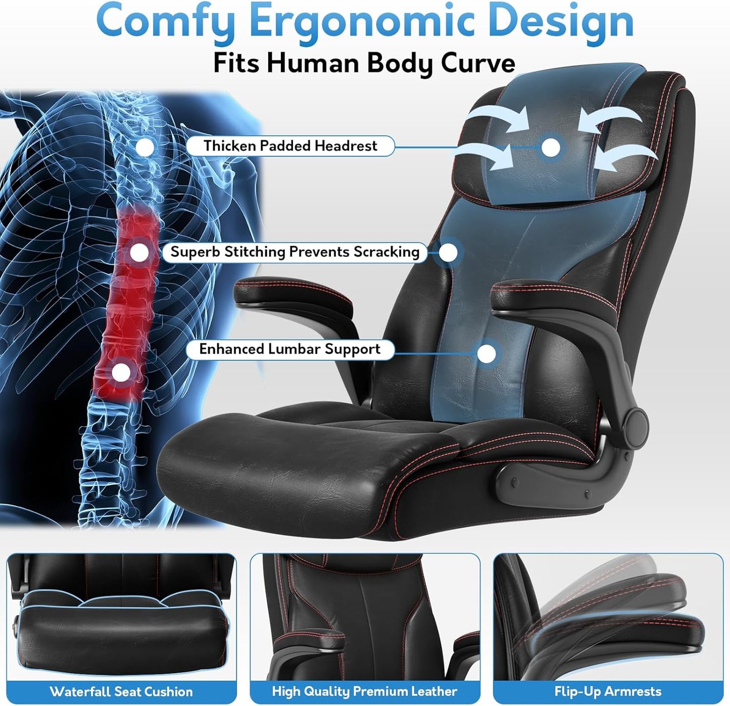 Office Chair Big and Tall 400lbs, High Back Executive Office Chair Flip Up Arms, Breathable Leather Home Office Computer Desk Chair with Lumbar Support Rocking Function, Black