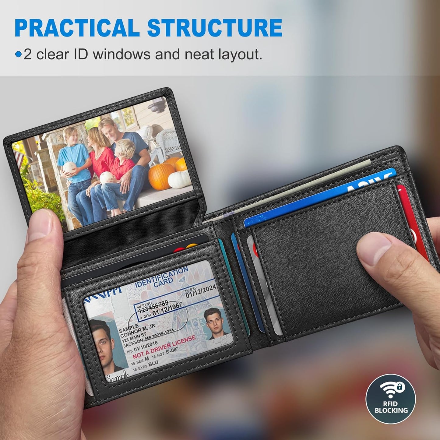 Wallet for Men Wallet with Cash Pocket 2 ID Window 13 Cards,Slim Leather Wallet Front Pocket Card Holder RFID Blocking with Gift Box