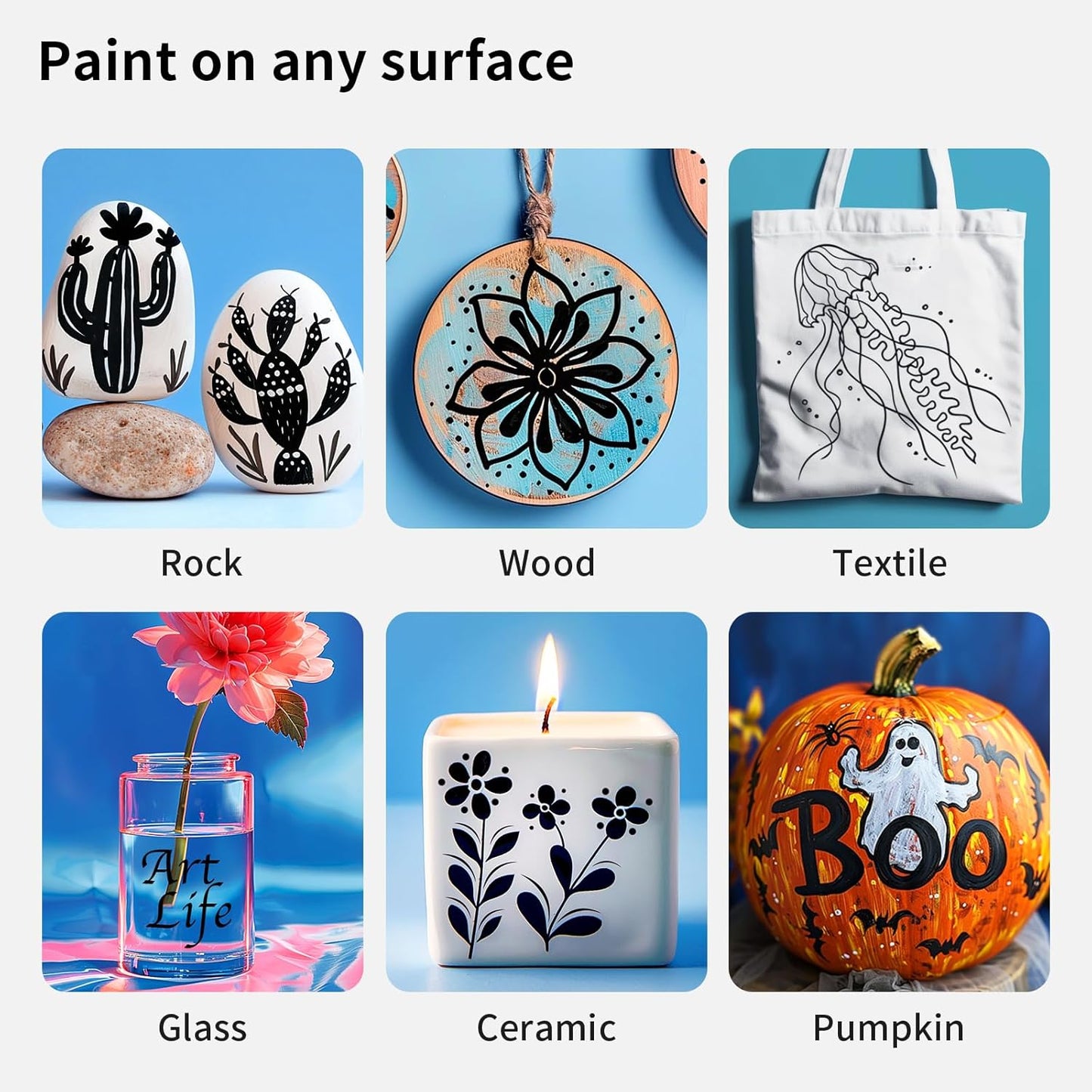 NAWOD 6 Black Acrylic Paint Pens, Acrylic Paint Markers Dual Tip (Fine 1mm + Dot 5mm), Acrylic Permanent Markers for Rock, Fabric, Canvas, Ceramic, Glass, Wood, Paper, Labeling, Drawing, DIY Crafts