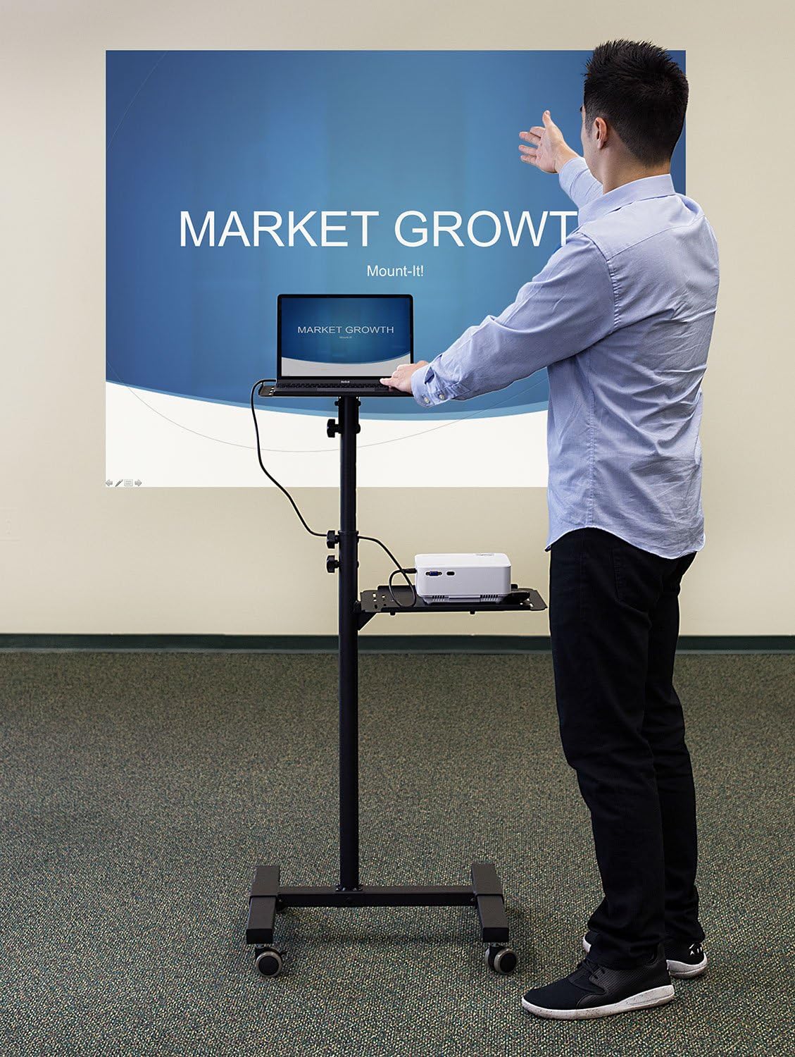 Mount-It! Mobile Projector and Laptop Stand (2 Shelves), Rolling Cart with Ventilated Tray, Heavy Duty, Height Adjustable Laptop and Projector Presentation Trolley, Black