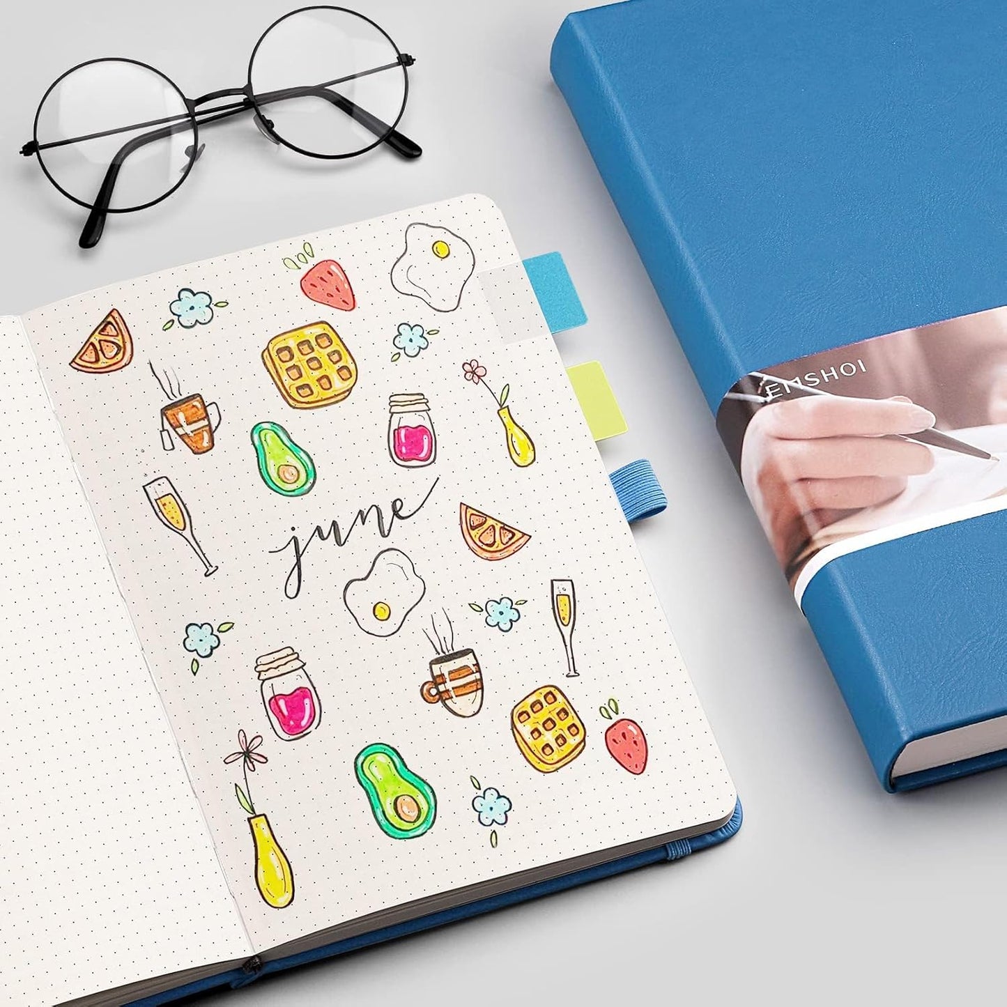 EMSHOI Dotted Notebook - 256 Pages A5 Dot Grid Journal Bullet Notebook with 120gsm Thick Dotted Paper,16 Perforated Pages, Hardcover Leather, Pen Holder, Inner Pocket, 5.75" x 8.38"-LightBlue