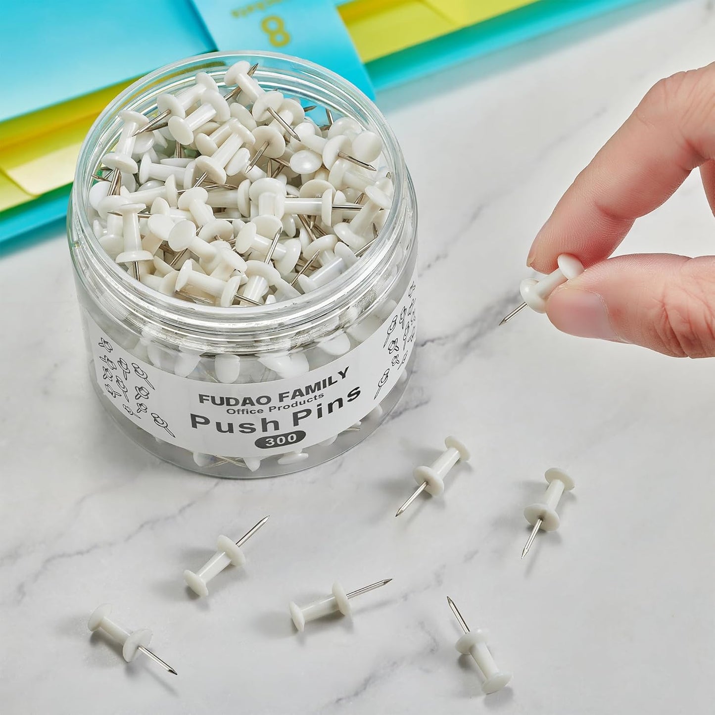 FUDAO FAMILY 300pcs Push Pins for Bulletin Board, Thumb Tacks for Wall Corkboard, Map Pins - Home Office Craft Projects Plastic Head Steel Push Pin (White)
