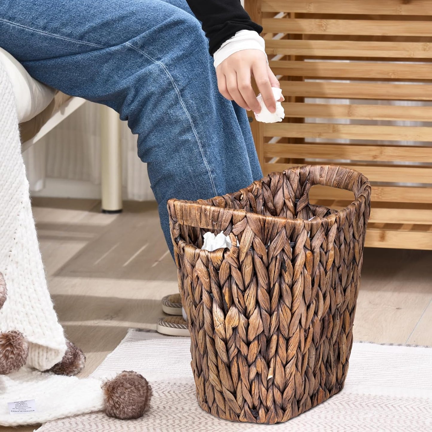 FairyHaus Wicker Waste Basket with Handle, Hand-Woven Water Hyacinth Trash Can for Bathroom Bedroom, Brown Wicker Storage 13 x 7.5 x12.2