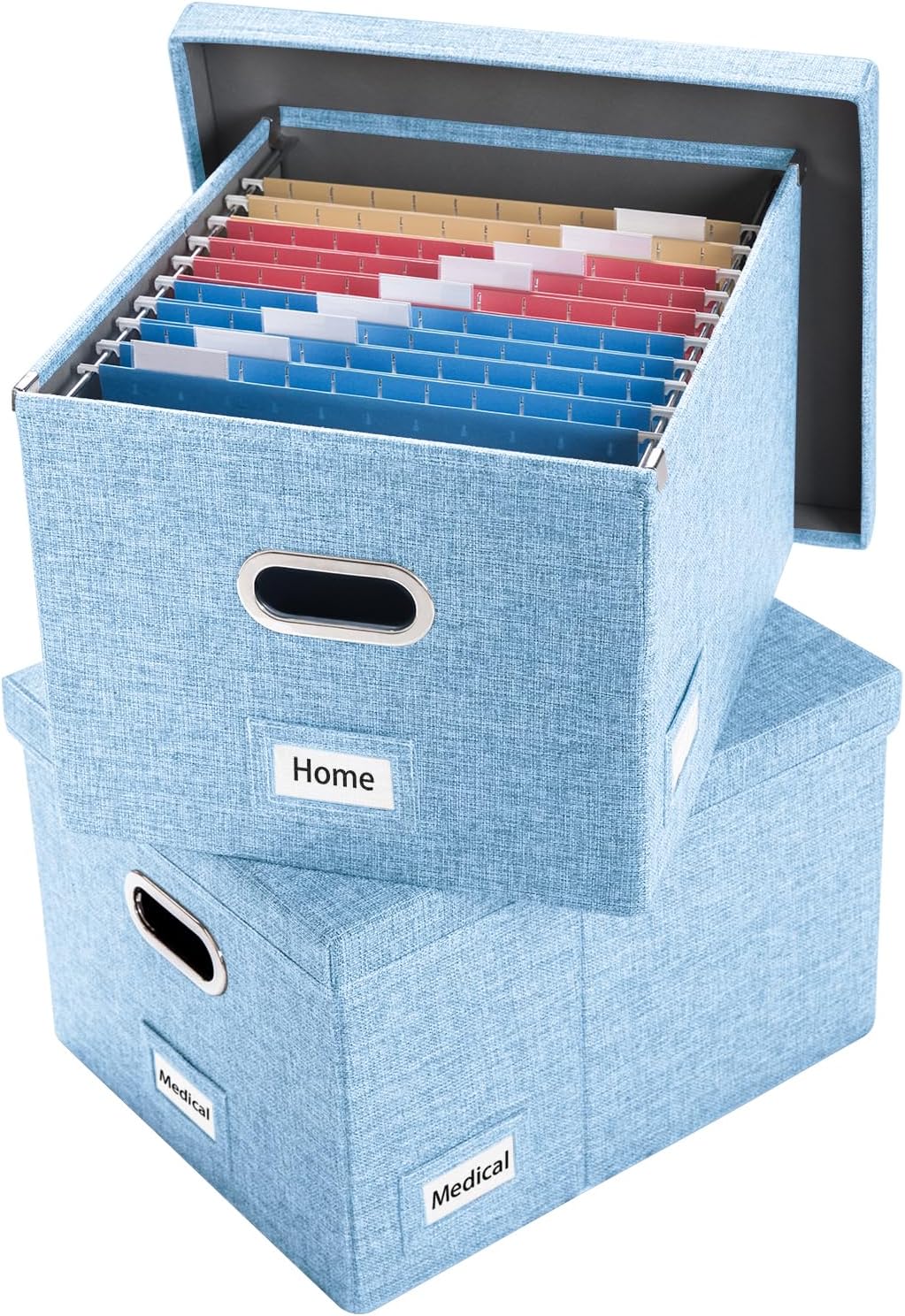 PRANDOM File Organizer Box - Set of 2 Collapsible Decorative Linen Filing Storage Hanging File Folders with Lids Office Cabinet Letter/Legal Size Blue (17x14x11.2 inch)