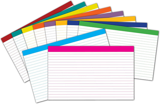 DEBRADALE DESIGNS - Color Bar Ruled Single Sided Index Cards - 5 x 8 Inches - White - 500 (50 each of 10 colors) - Wrapped in 2 packages of 250 - Standard 110# Index Card Stock - 199 GSM - .009 Thick