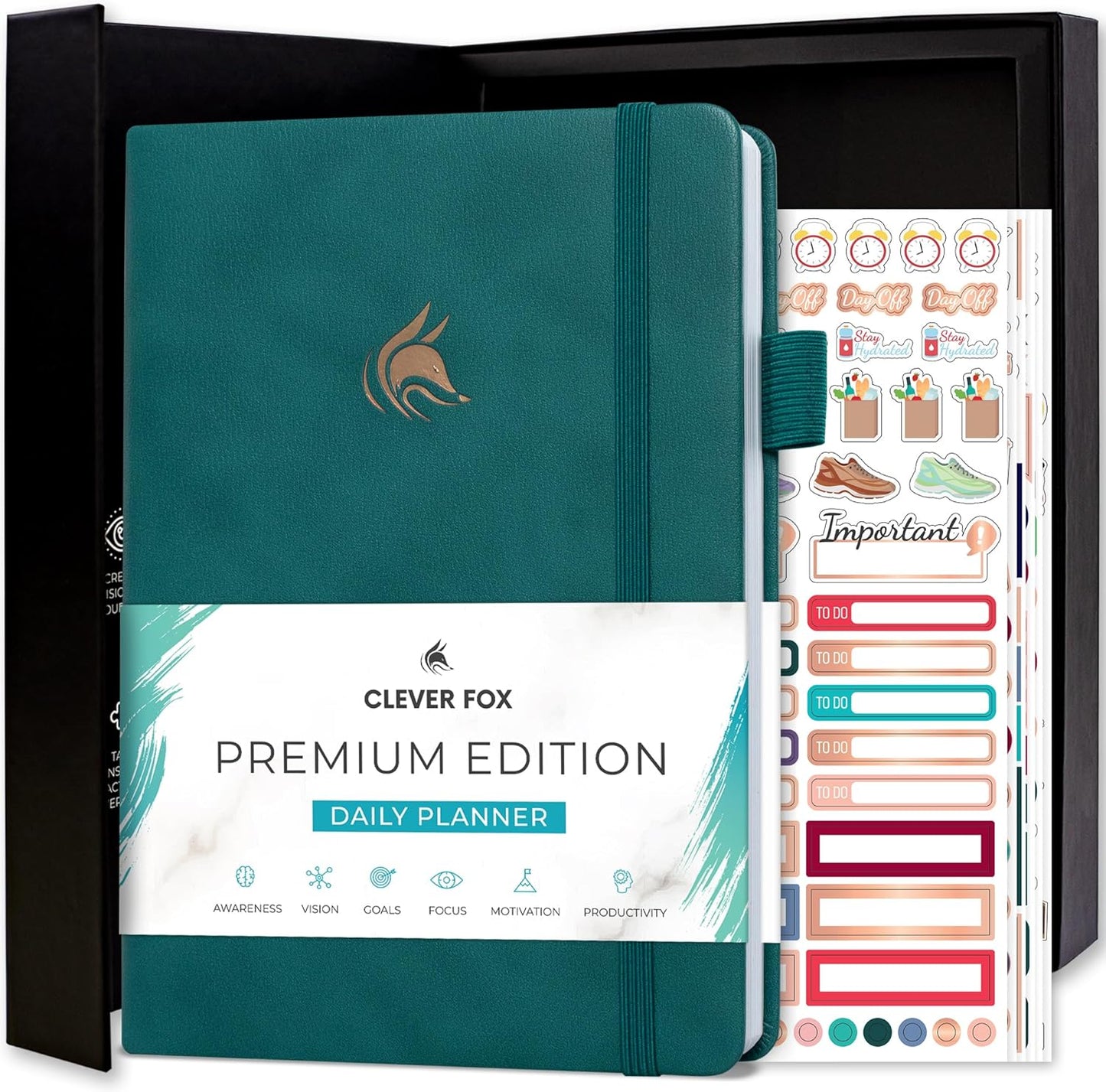 Clever Fox Planner Daily Premium – Undated Daily Planner with Hourly Schedule, Personal Organizer, Productivity Journal, 6 Months (Dark Teal)