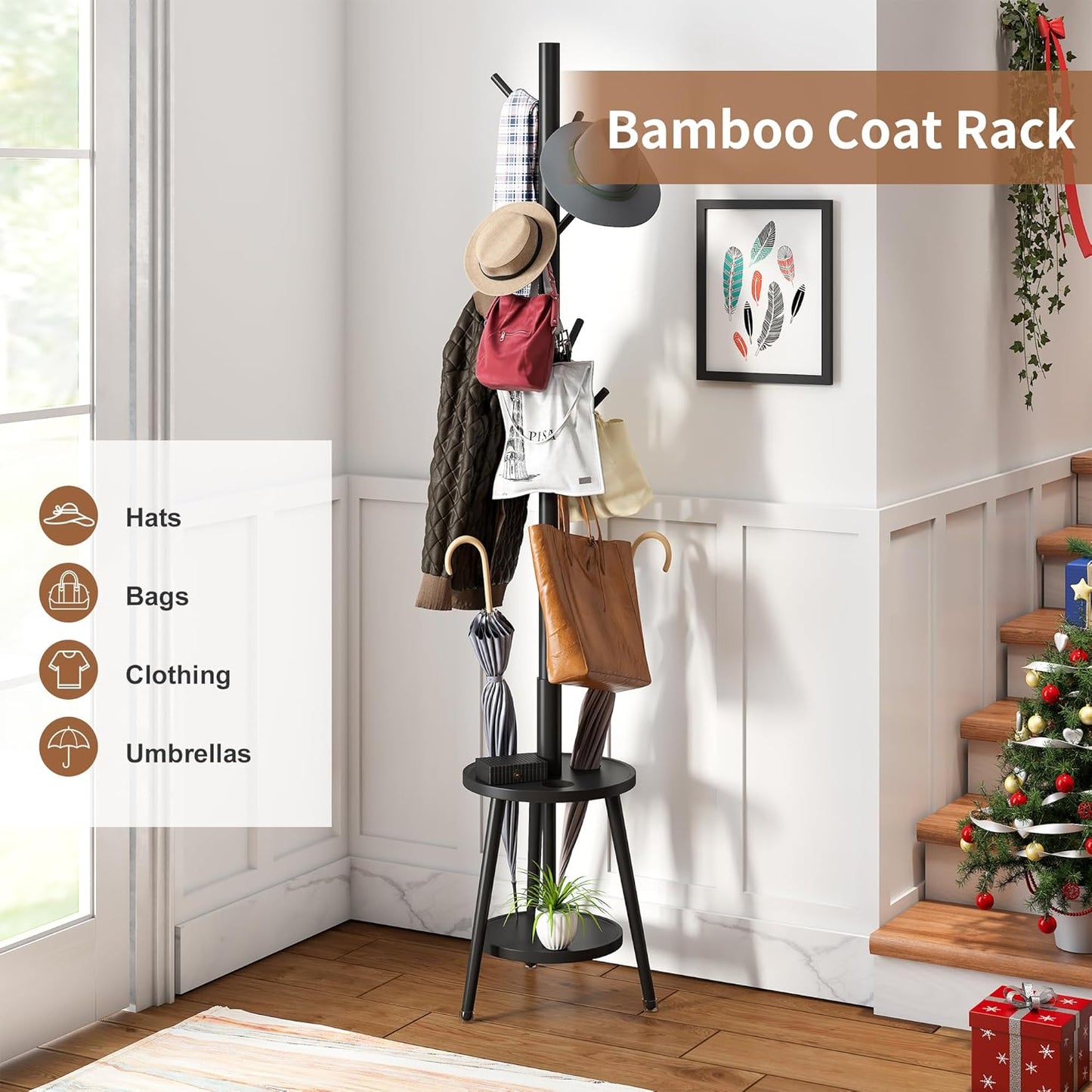 FILWH Freestanding Coat Rack with Umbrella Organizer Tray Bamboo Coat Tree Rack with 8 Hook Stand for Clothes Bag Hats Entryway Hanger Stand(Black)