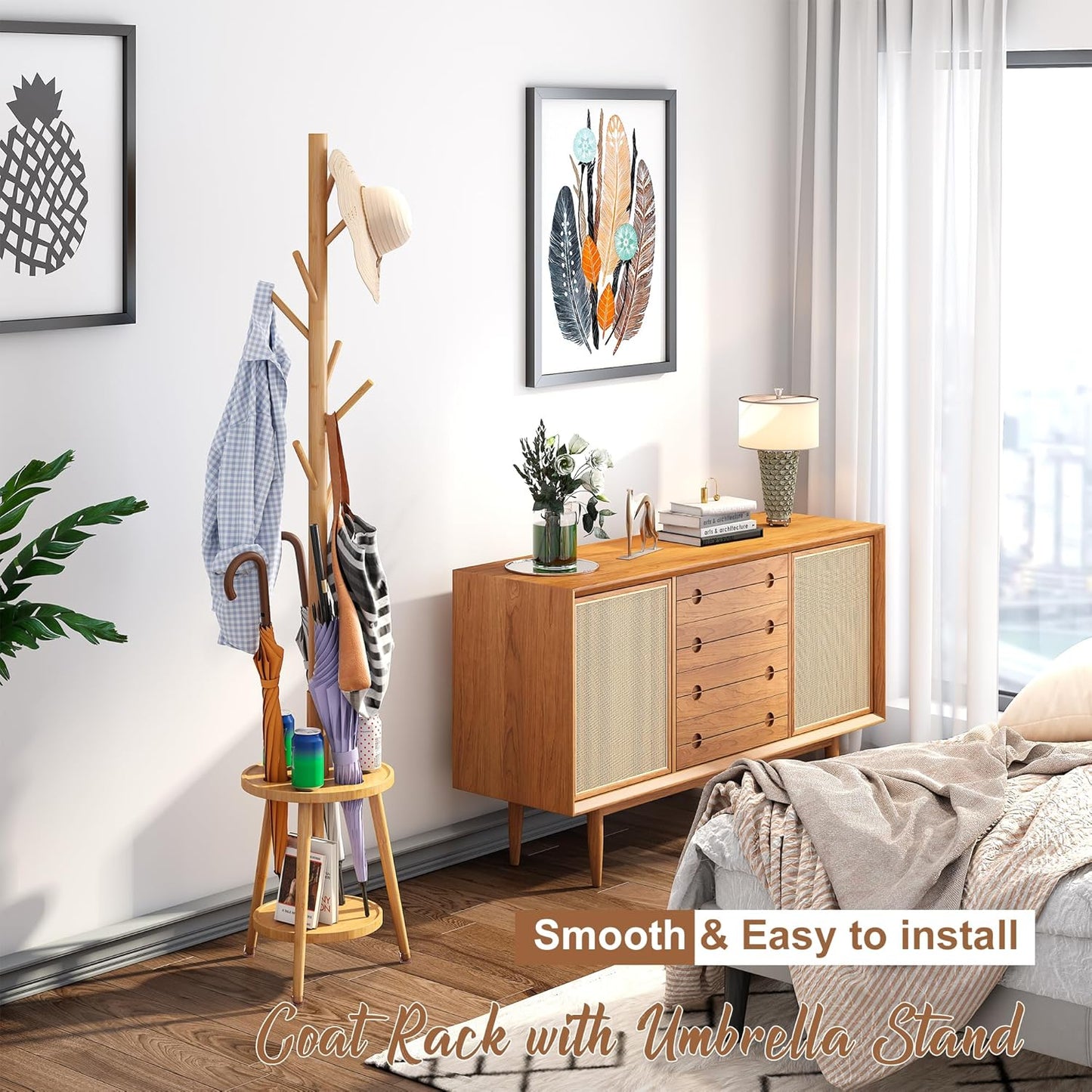 FILWH Freestanding Coat Rack with Umbrella Organizer Tray Bamboo Coat Tree Rack with 8 Hook Stand for Clothes Bag Hats Entryway Hanger Stand(Nature)