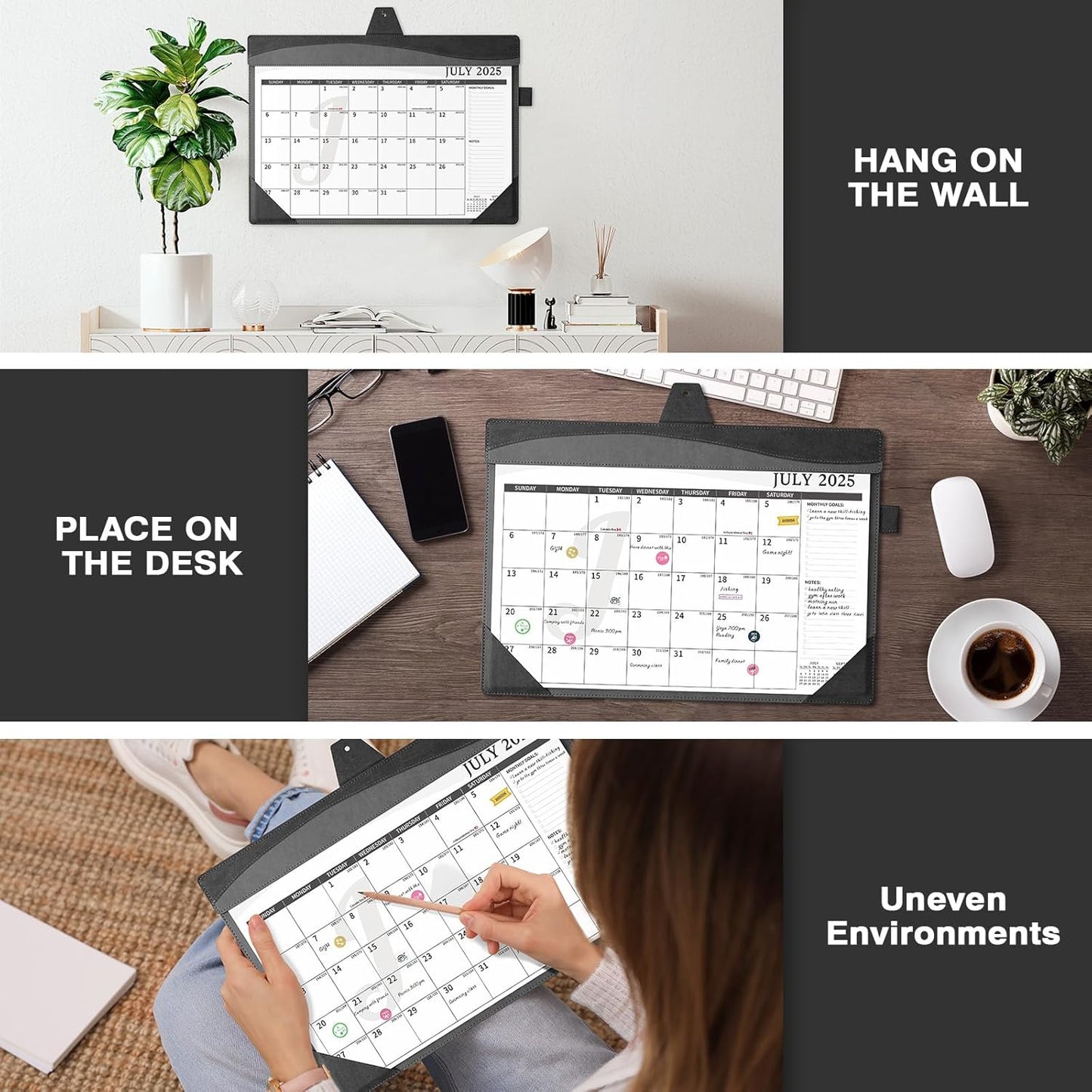 Ospelelf Desk Calendar 2025-2026 Large 12"x17" Leather Monthly Planner Pad with Protective Cover 18 Months July 2025 to Dec 2026 Black Gray