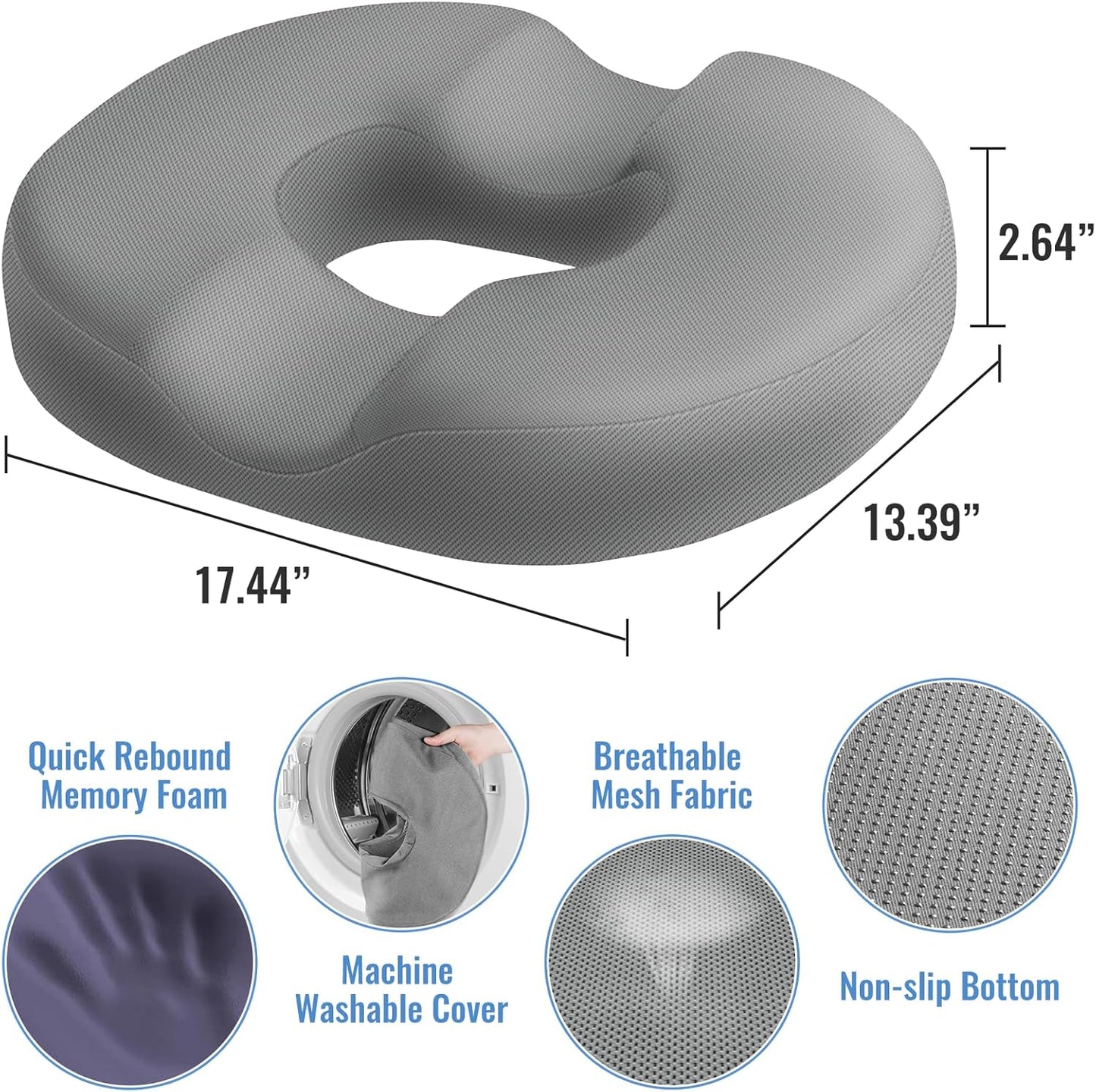 CloudBliss Donut Pillow Seat Cushion Chair Pad for Tailbone Pain Relief and Hemorrhoids, Memory Foam Seat Chair Cushion for Men and Women for Home & Office, (Light Grey)