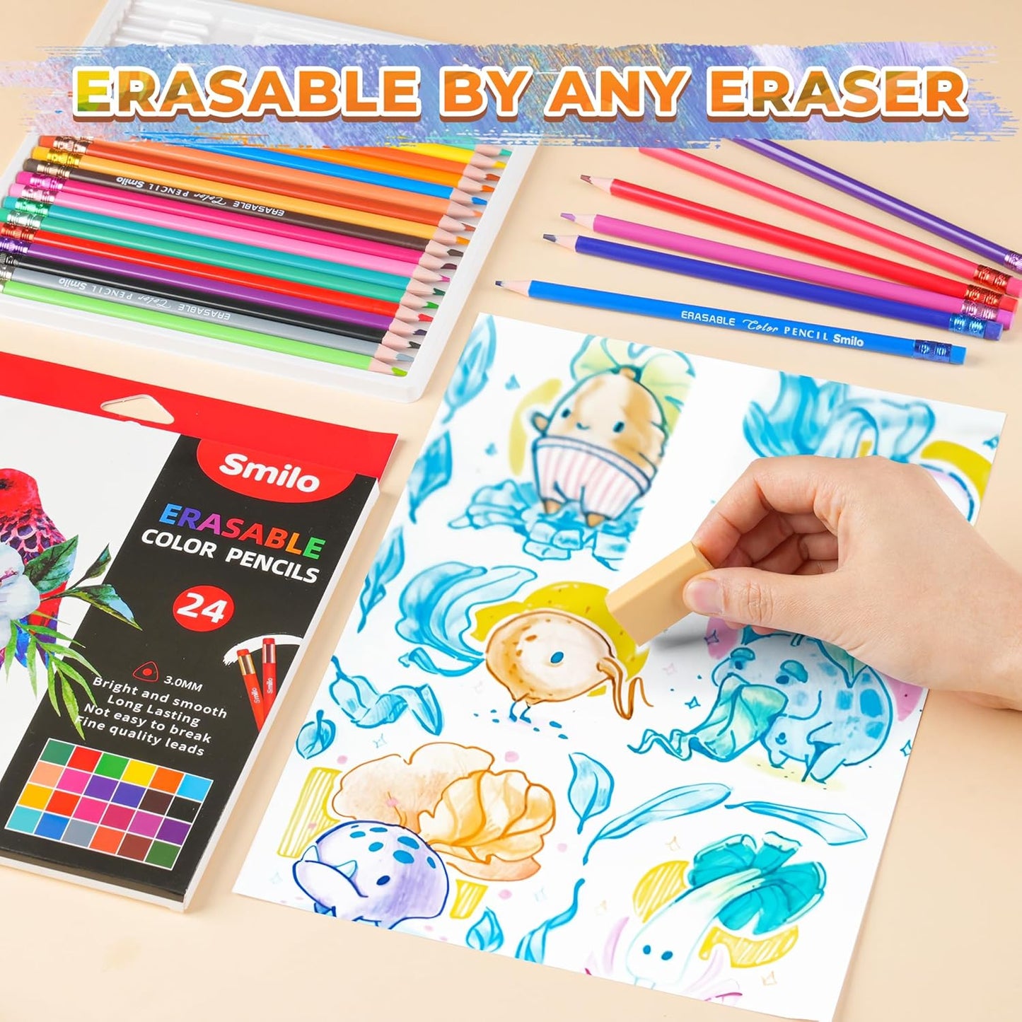 24-Count Erasable Colored Pencils with Erasers - Vibrant & Smooth Colors for Drawing, Coloring Books, School Art Projects - Premium Art Supplies for Kids, Adults & DIY Crafts