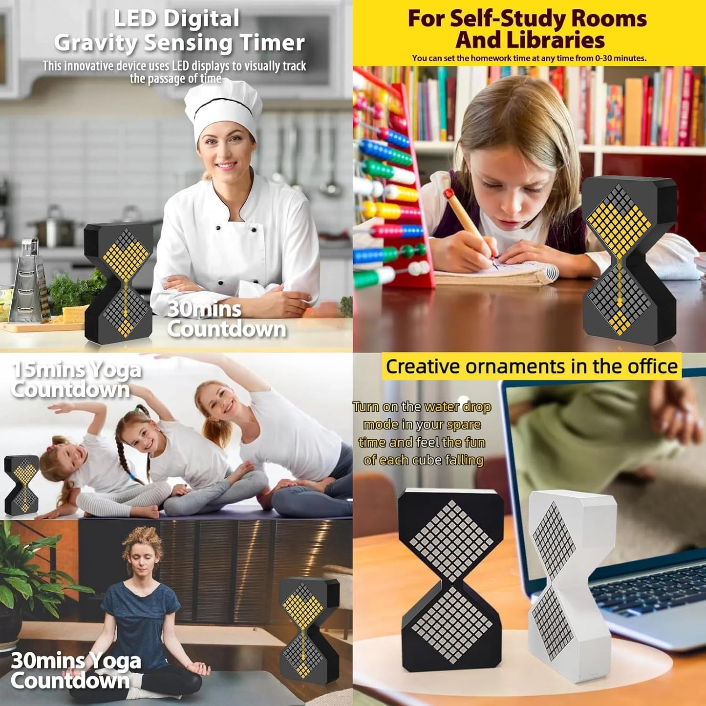 Digital Hourglass 1-30 Minute Freely Adjustable Gravity Timer Dynamic Flow Cube Led Night Light Hourglass Timer for Classroom Home Office Cooking (Black, Yellow Light Source)