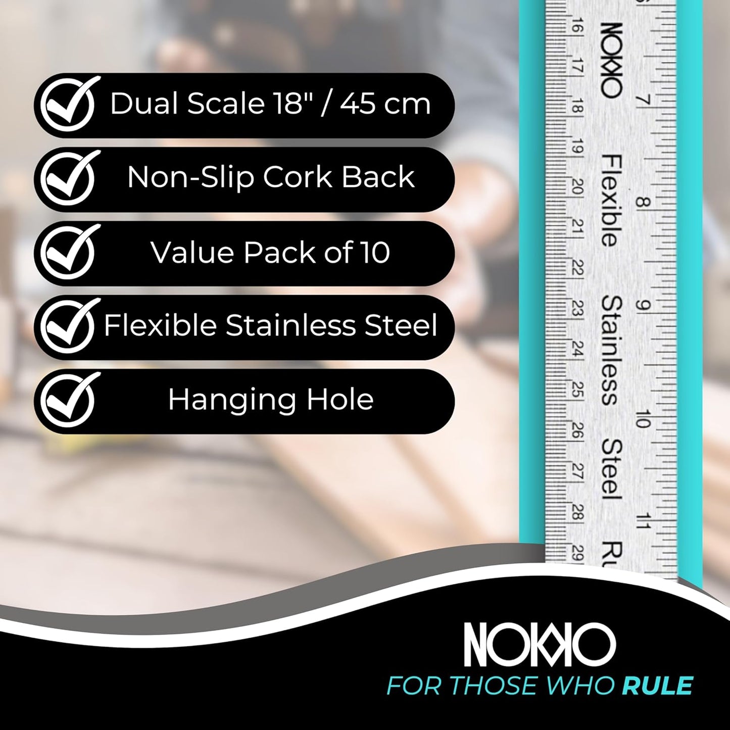 NOKKO 18 Inch Metal Ruler with Cork Backing, Pack of 10 - Flexible Stainless Steel Straight Edge Ruler with Inches and Centimeters, Non-Slip Backing for Precision and Stability