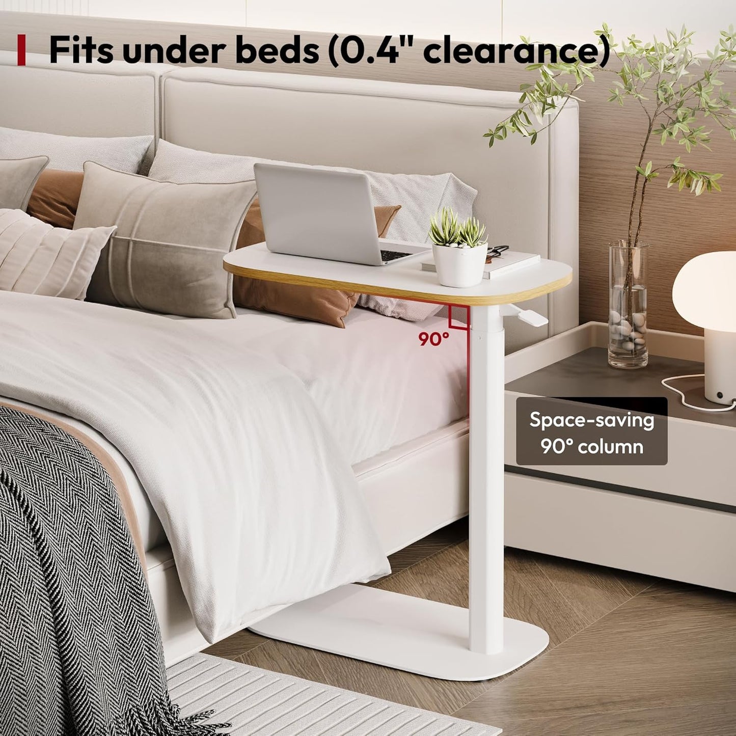 SANODESK Small Standing Desk Pneumatic Height Adjustable Small Sit Stand Desk Laptop Desk Overbed Table Computer Cart for Home Office Computer Workstations(23.6" W x 13.8" D,White+Maple Band)