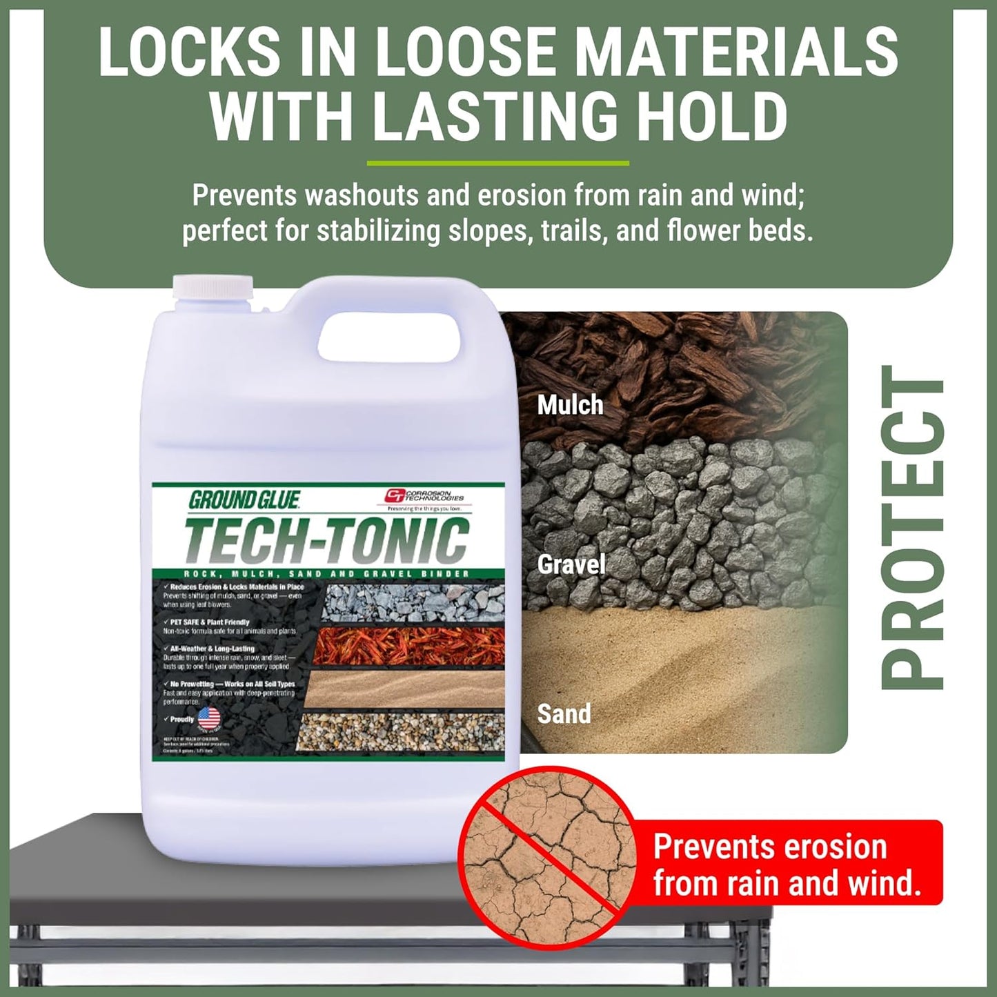 Ground Glue Tech-Tonic Landscape Adhesive for Rock, Mulch, and Sand, Weatherproof Long-Lasting Stabilizer for Trails & Slopes, Pet-Safe Binder for Pea Gravel, Bark & Flower Beds, Made in USA, 1 Gallon