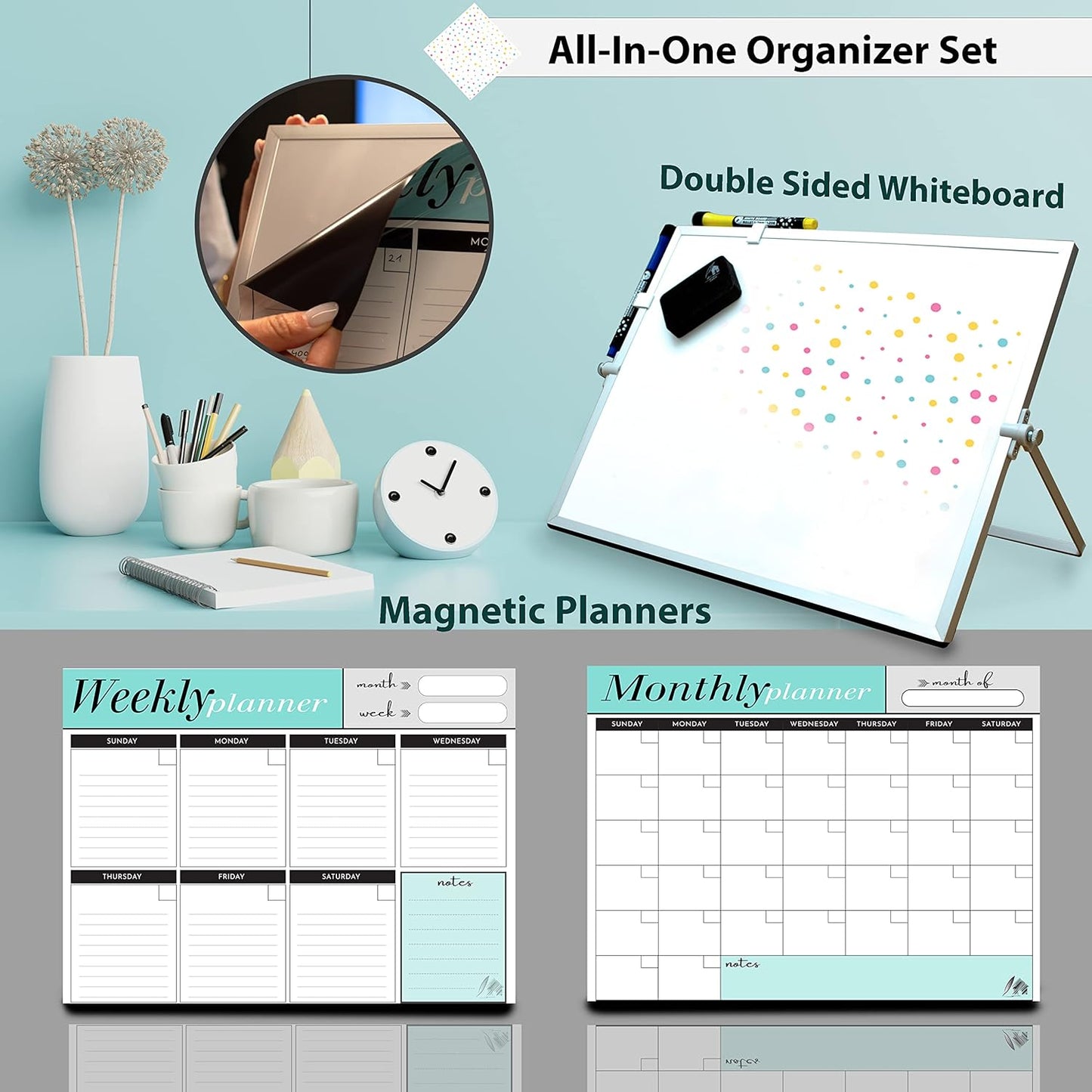 Weekly Dry Erase Board Black Frame, Desktop Calendar White Board with Weekly & Monthly Planners 12x16 inch, Magnetic to Do List with Stand, 6 Markers and Eraser. Whiteboard for Home and Office Desk