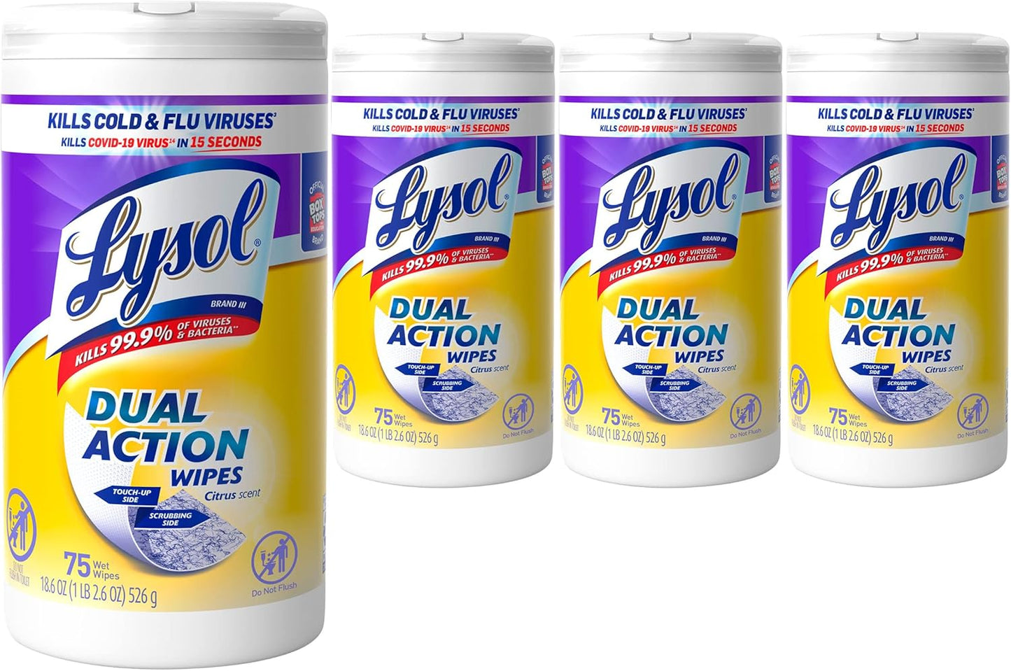 Lysol Dual Action Disinfectant Wipes, Multi-Surface Antibacterial Scrubbing Wipes, For Disinfecting and Cleaning, Citrus Scent, 75ct (Pack of 4), Packaging May Vary