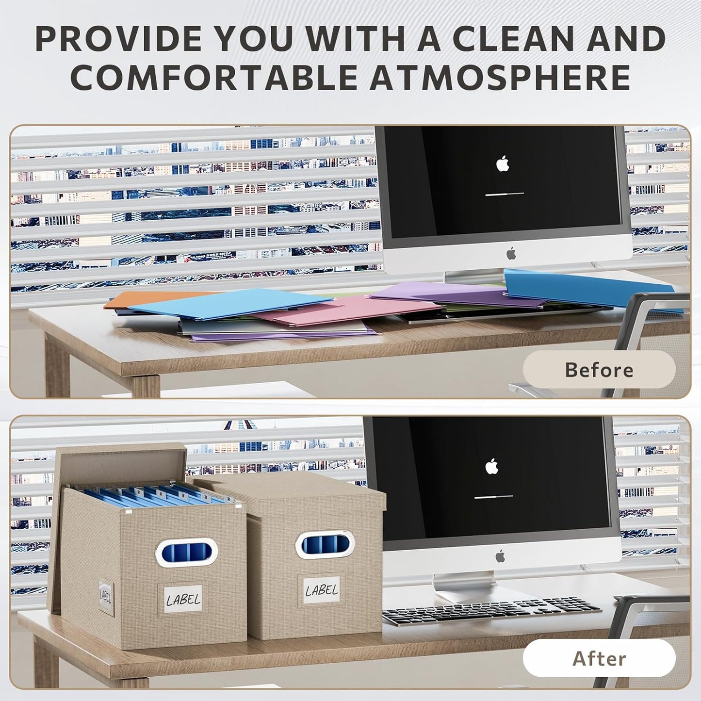 File Organizer Box with Lid - Set of 2 Portable Hanging filebox, Collapsible Linen Decorative Filing Storage Boxes for Office & Home File Cabinet (Beige 14 x 9.3 x 10.9 inch)