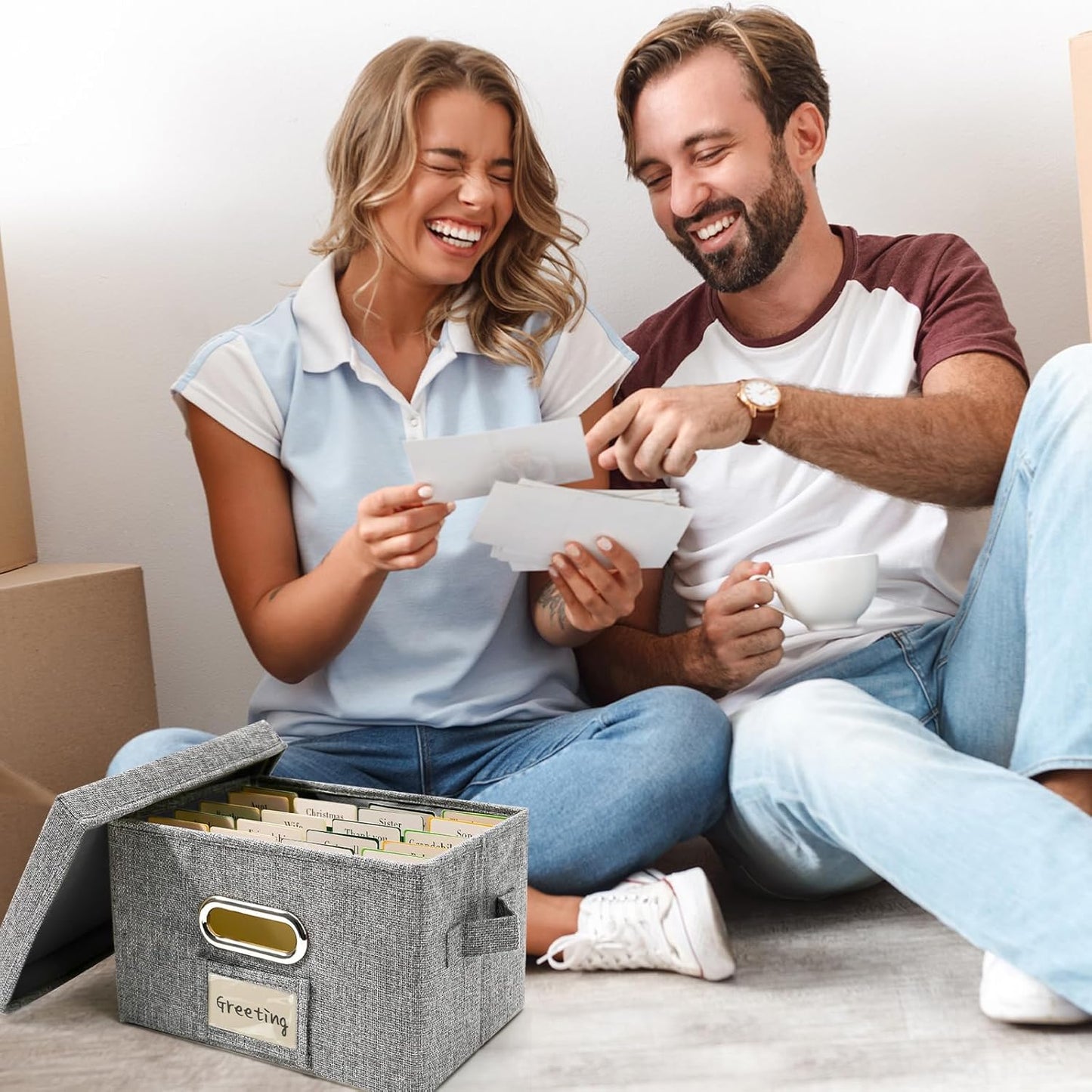 Vienrose Greeting Card Organizer 1 Pack, Storage Box with 20 Adjustable Dividers, Foldable Organizer Box Holds over 150 Cards, Storage Stickers Recipes Photos Envelopes Bills Vinyl Records, Grey