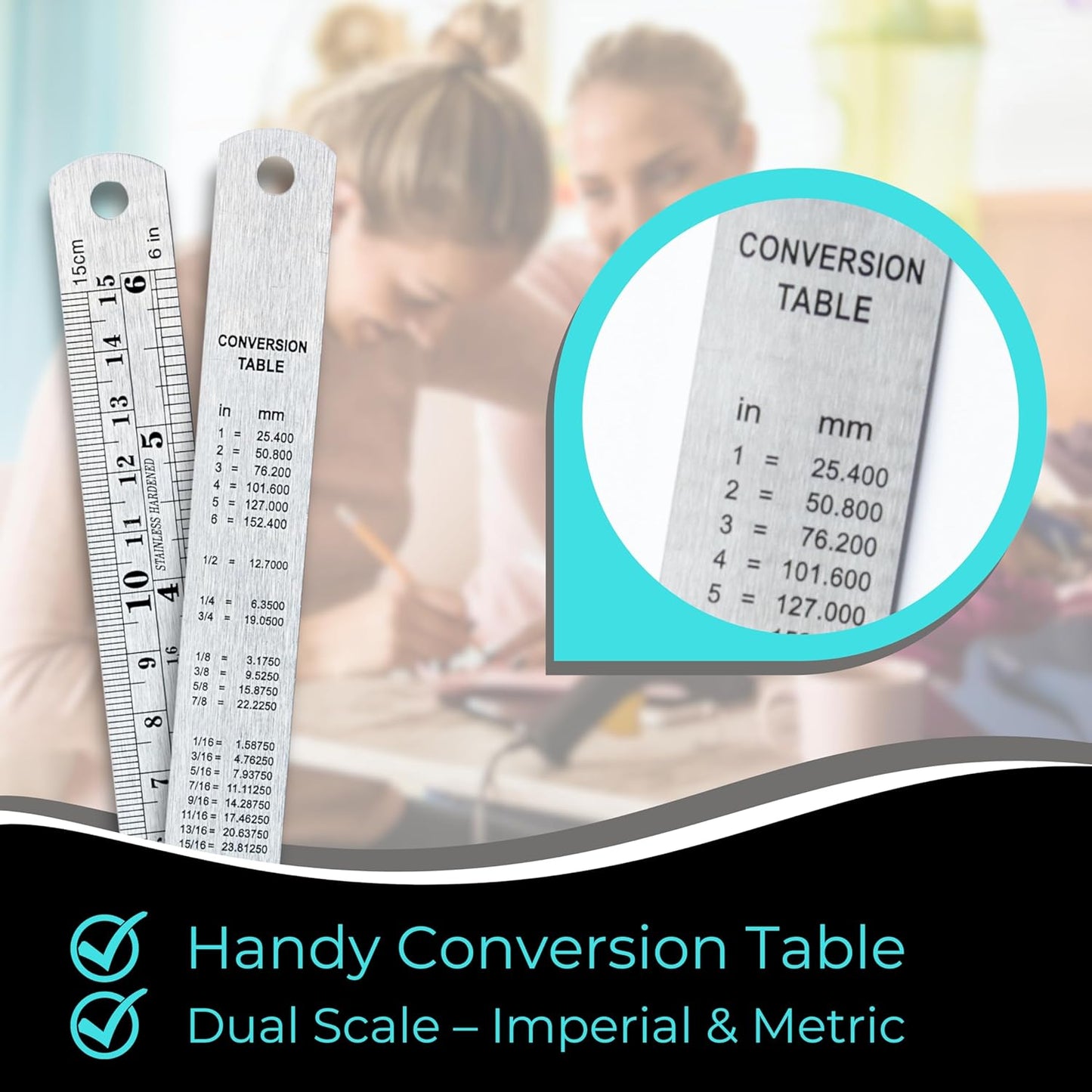 6 Inch Metal Ruler Bulk Set - 50-Pack of Compact 6 Inch / 15cm Stainless Steel Rulers - Precise Edge-Starting Imperial & Metric Measurements - Essential for Classrooms, Workshops, and Offices