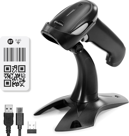 Volcora Wireless Bluetooth Barcode Scanner, QR Code, USB Portable Handheld w/Stand Connect w/Tablet/Phone/PC, 1D & 2D Inventory, Symbol Barcode Scanner for Retail & Warehouse, Black