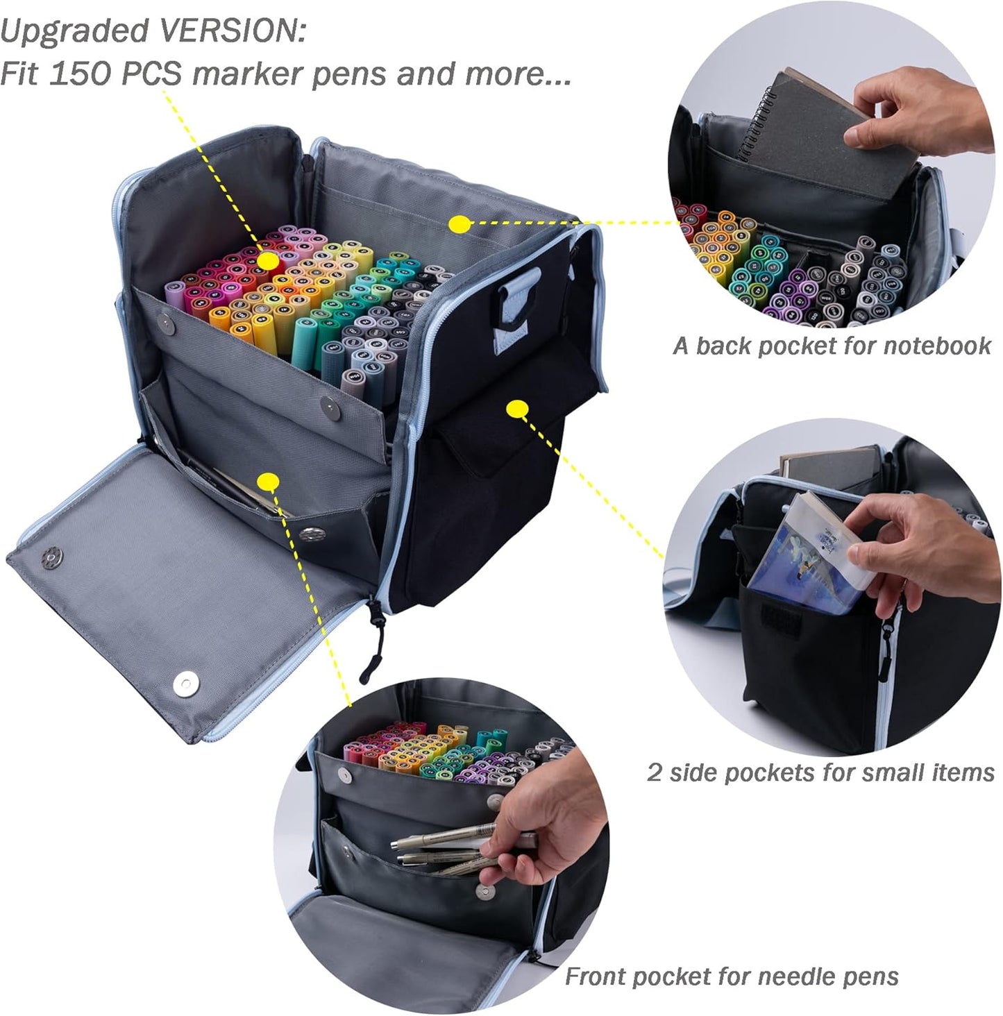 Togood Crossbody Handbag for Marker Pens, Up to 150 PCS (Black)